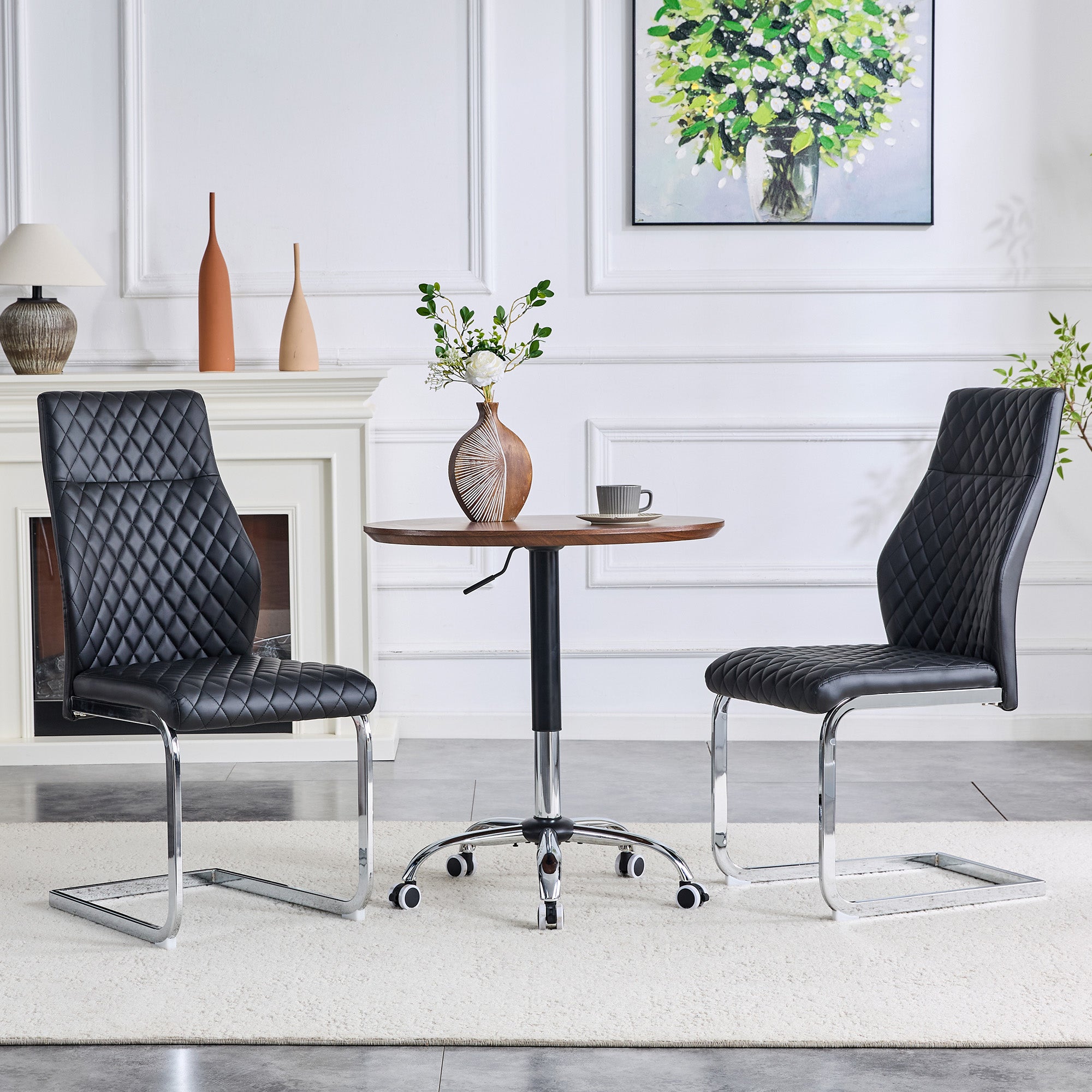 Dining Chair Set of 2, High Backrest and Padded Seat with Metal Frame, Black Diamond Pattern
