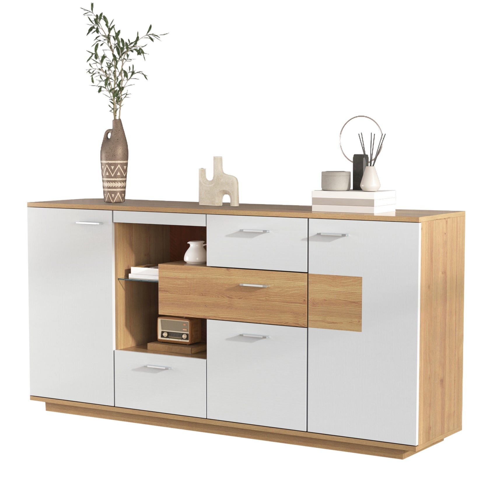 Sideboard Cabinet, 160x40x77cm, LED Lighting, 2 Doors, 4 Drawers, Glass Shelf, White Wood Look