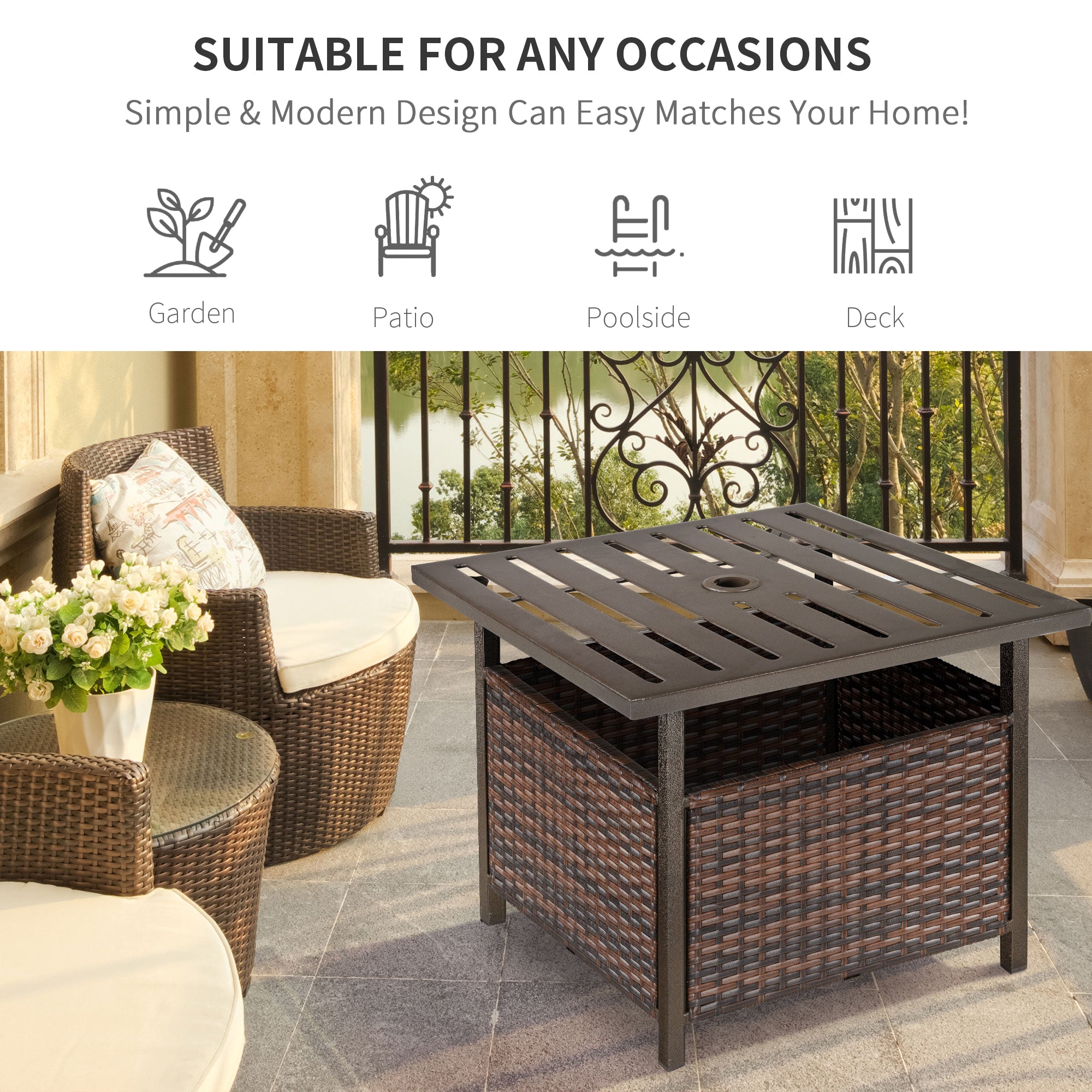 Rattan Garden Coffee Table, Square Side Table with Umbrella Hole, Brown Wicker