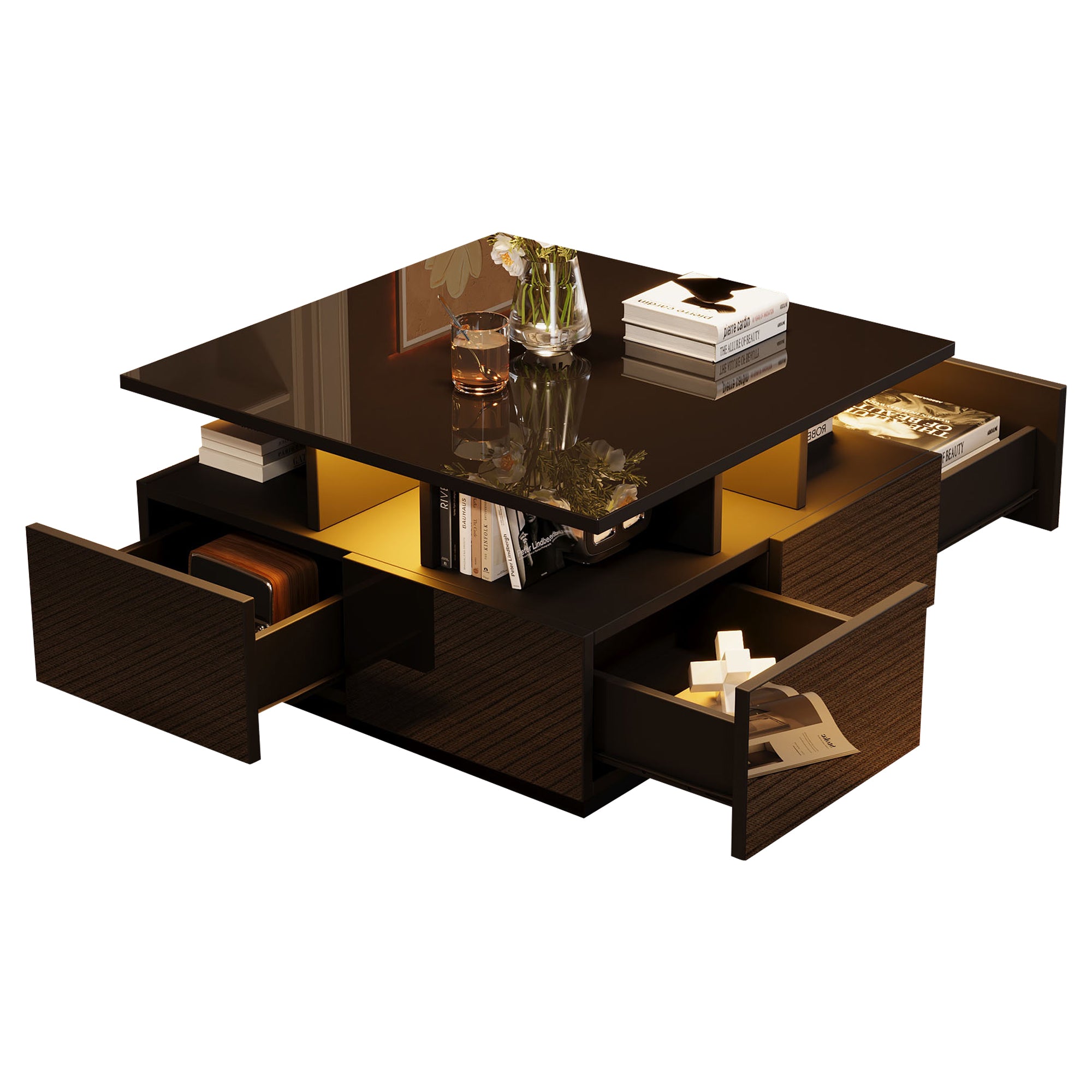 Coffee Table, High-Gloss LED with 4 Drawers, Geometric Design, Black