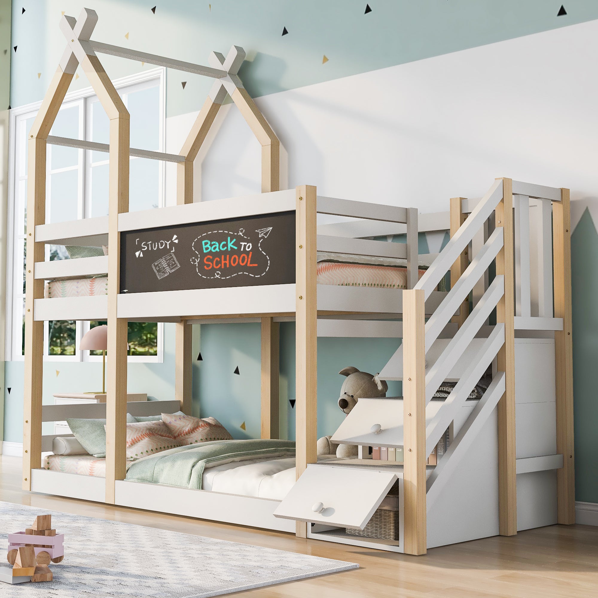 Bunk Bed 90x200, Treehouse Design with Blackboard, Storage, Fall Protection, Loft Bed for Kids, 2x Slatted Frames - Natural & White