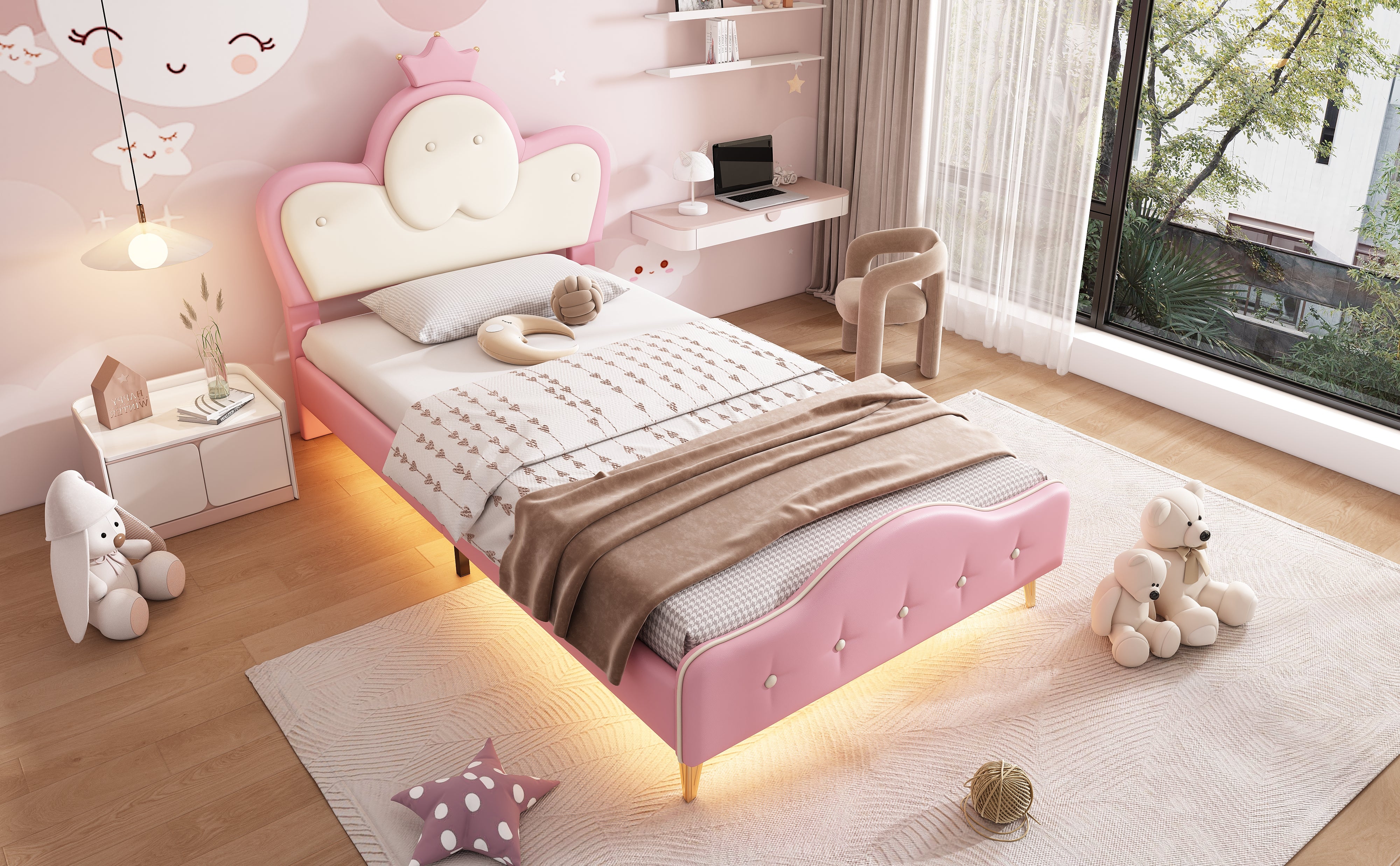 Upholstered Children's Bed with Crown Headboard, LED Strip, PU, Pink + White