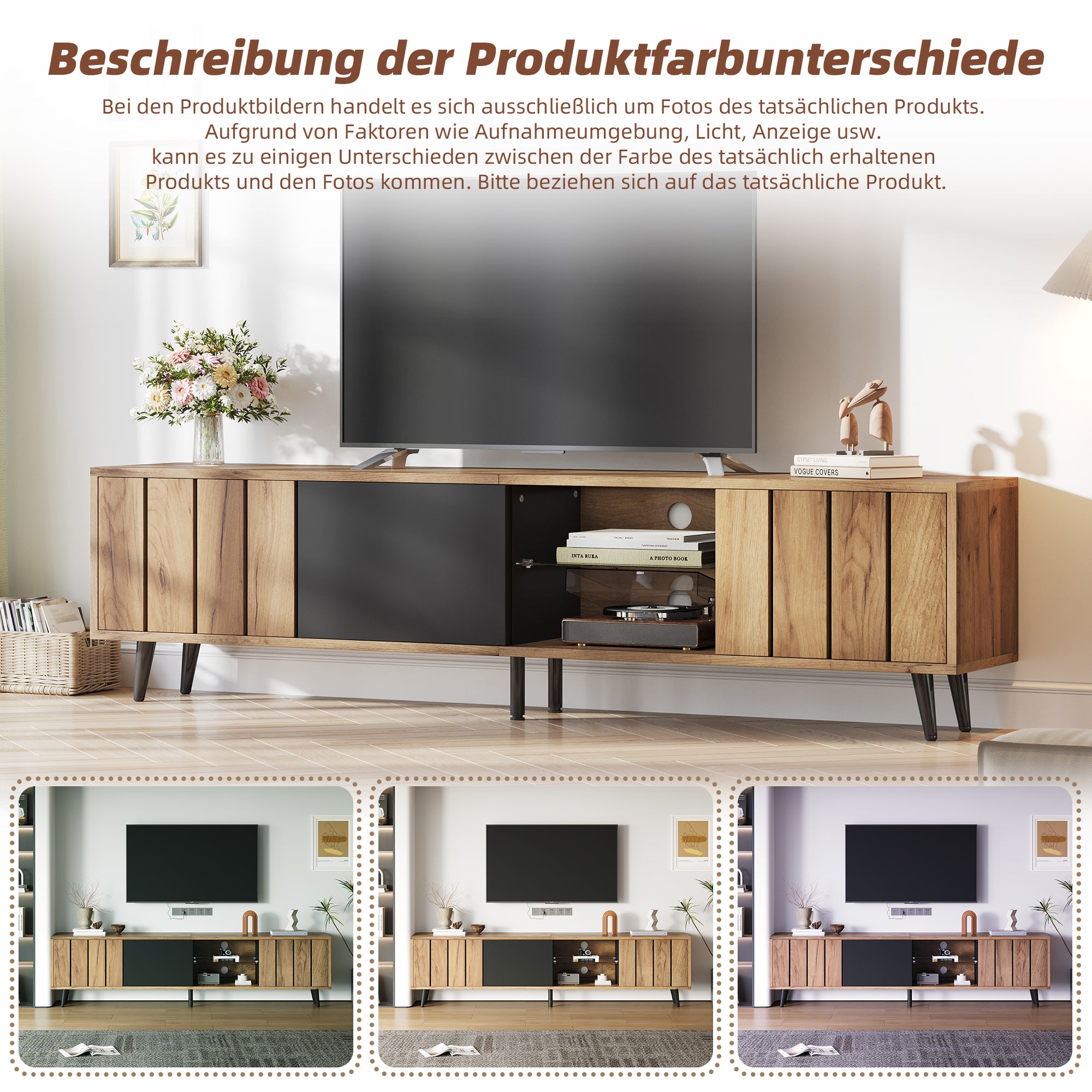 Lowboard TV Cabinet 175x31.5x45cm for 75-inch TVs with 3 Cabinets Wood Black