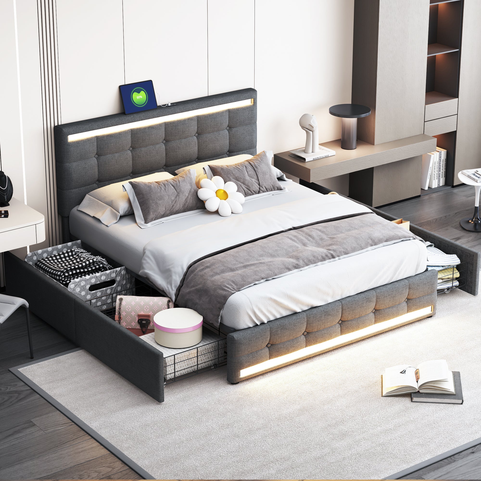 Upholstered Bed 140x200, LED, 4 Drawers, 2 USB Charging Stations, Linen Fabric Gray