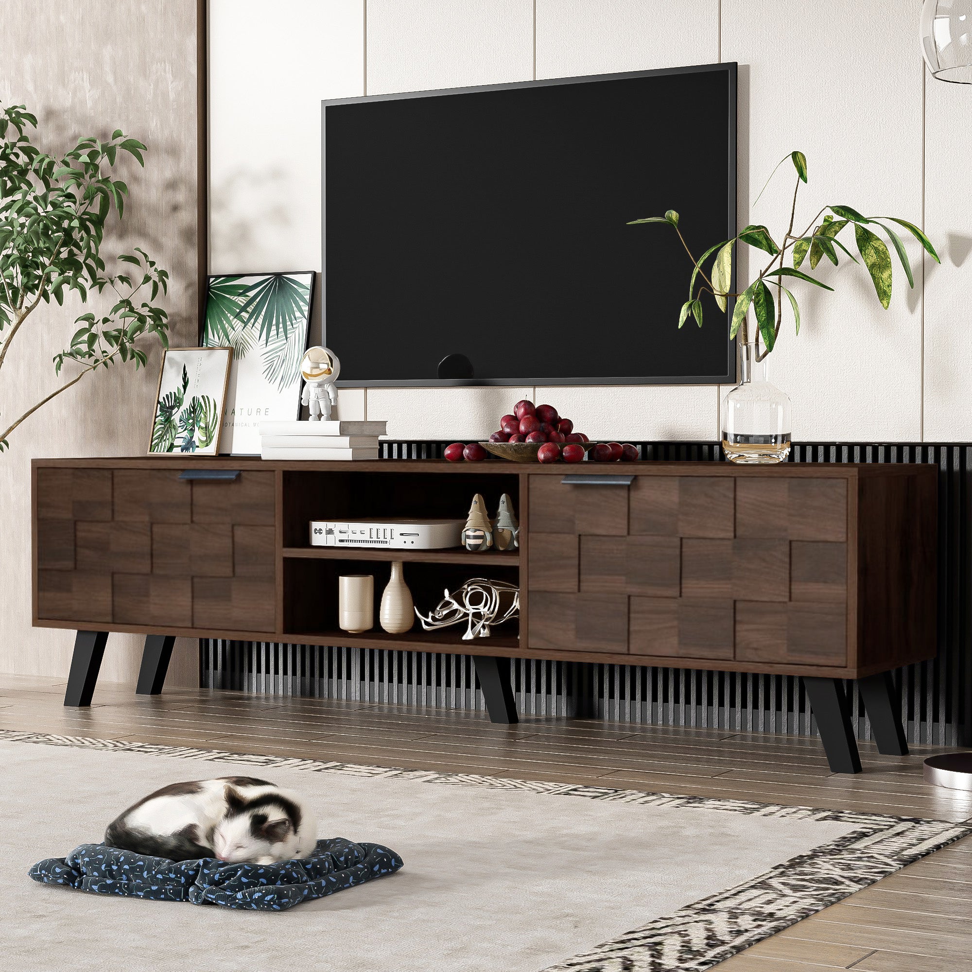 Modern TV Cabinet with 2 Doors & 2 Open Compartments, Dark Wood Grain