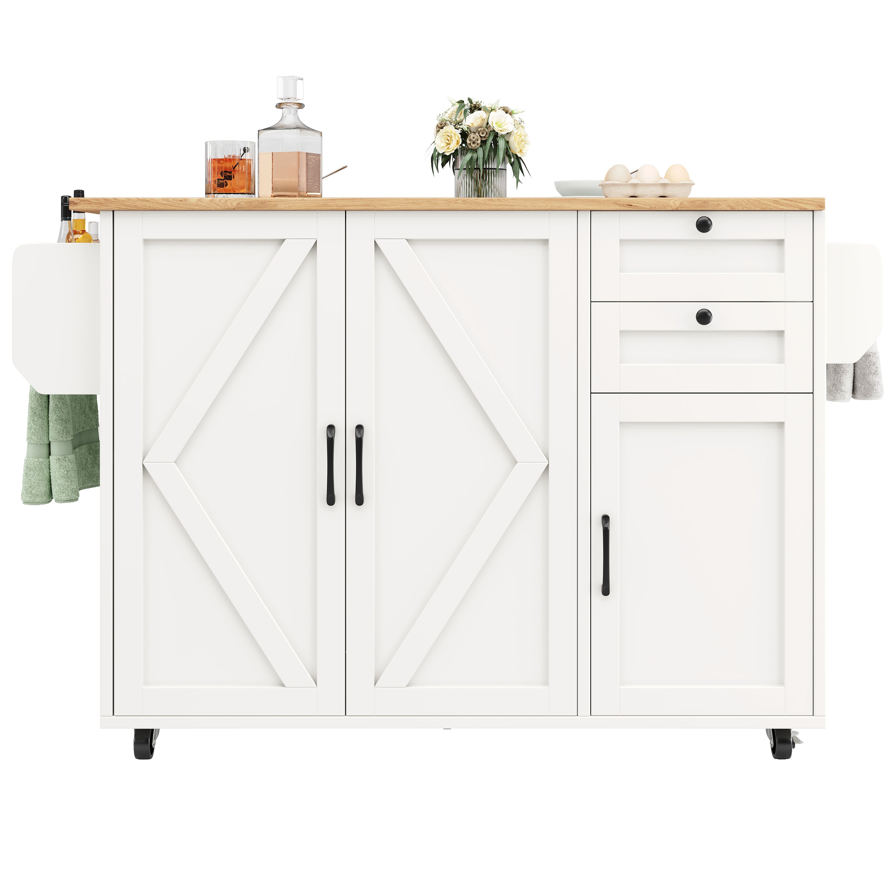 Kitchen Island Sideboard Multifunctional Dining Table Storage Wood Grain - White