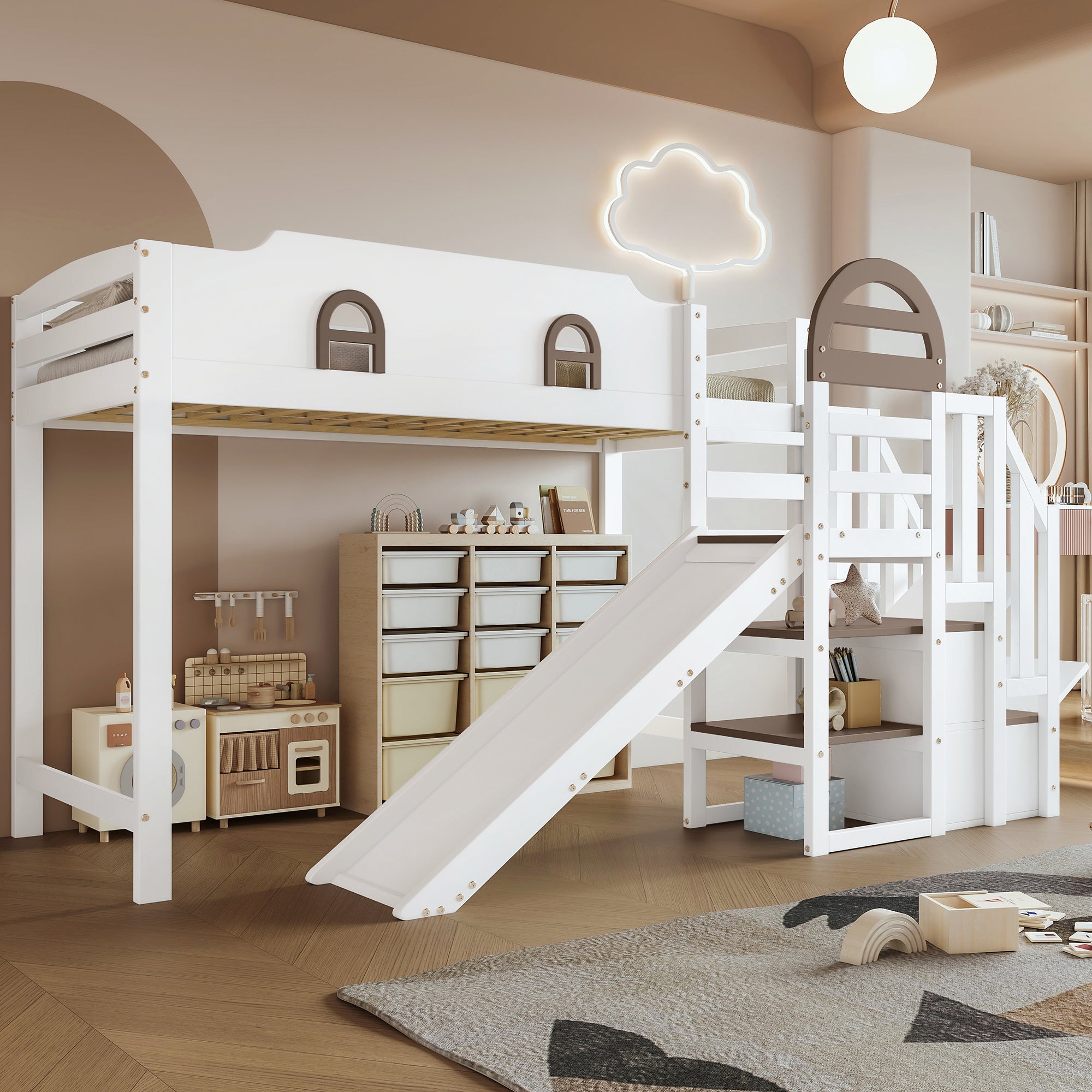 Bunk Bed, Children's with Window, Slide, Stairs & Storage, Pine + MDF, White + Brown, 90 x 200 cm