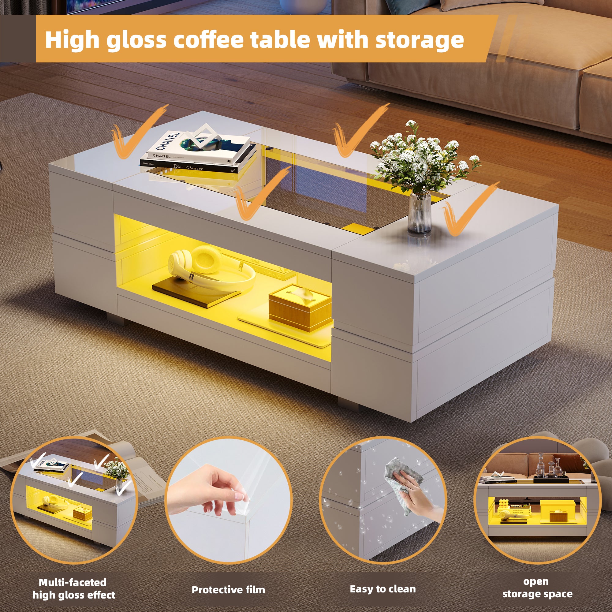 Hollow Coffee Table with Open Storage LED High Gloss Glass Top, White MDF+Glass