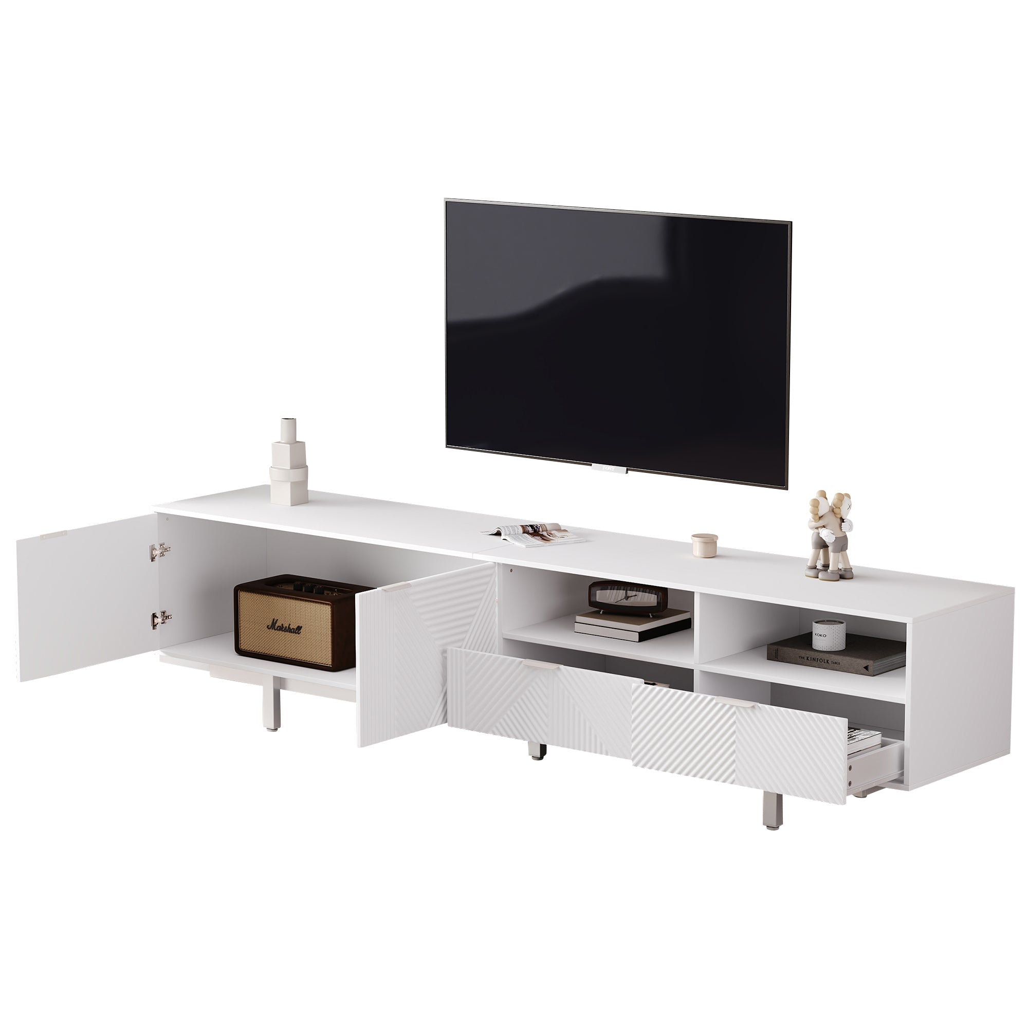 TV Cabinet, Modern Bohemian Abstract Geometric Lines, White, 200x40x51cm for 90-inch TVs