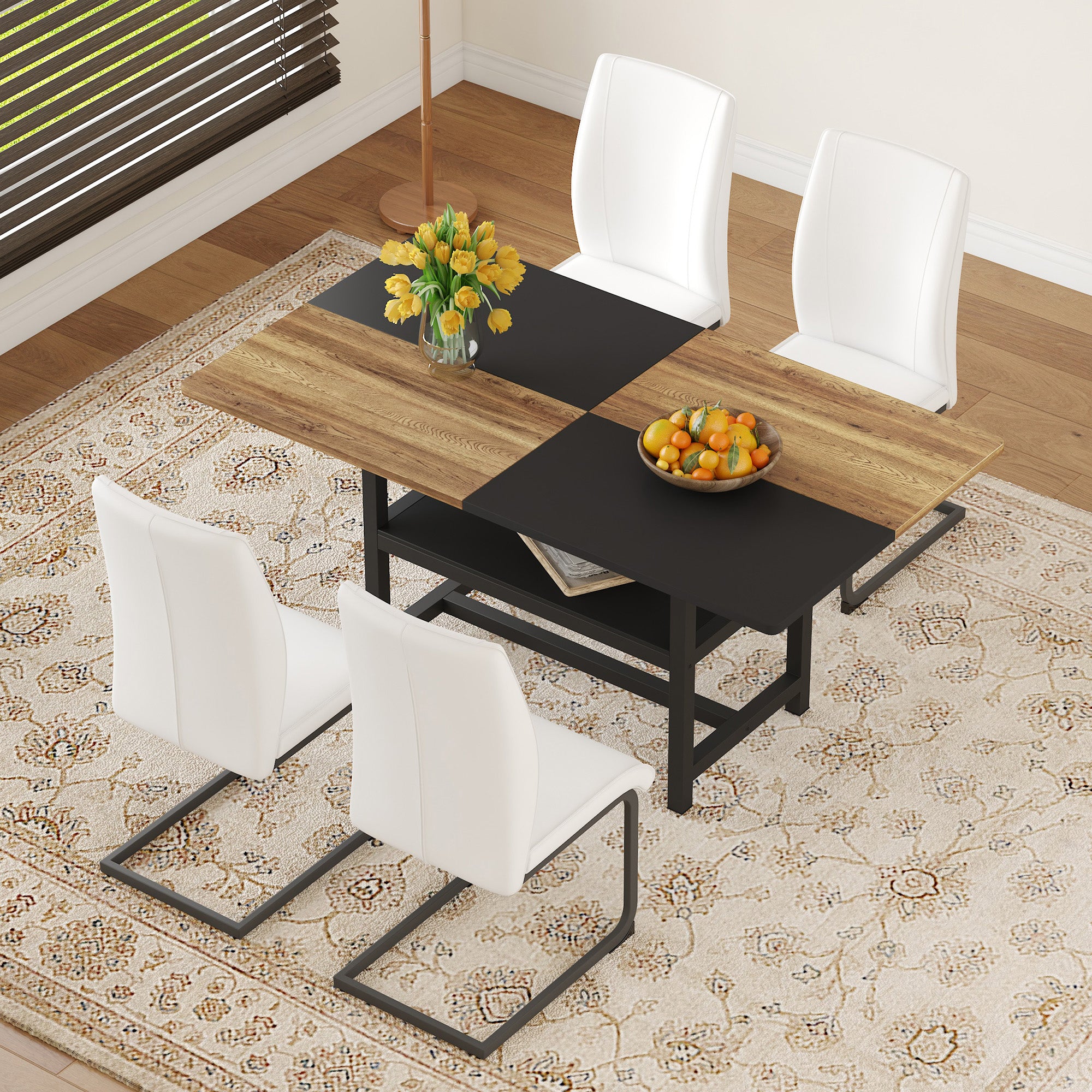 Table Set, Rectangular Dining Table with Storage Shelf and 4 Armchairs, White Faux Leather