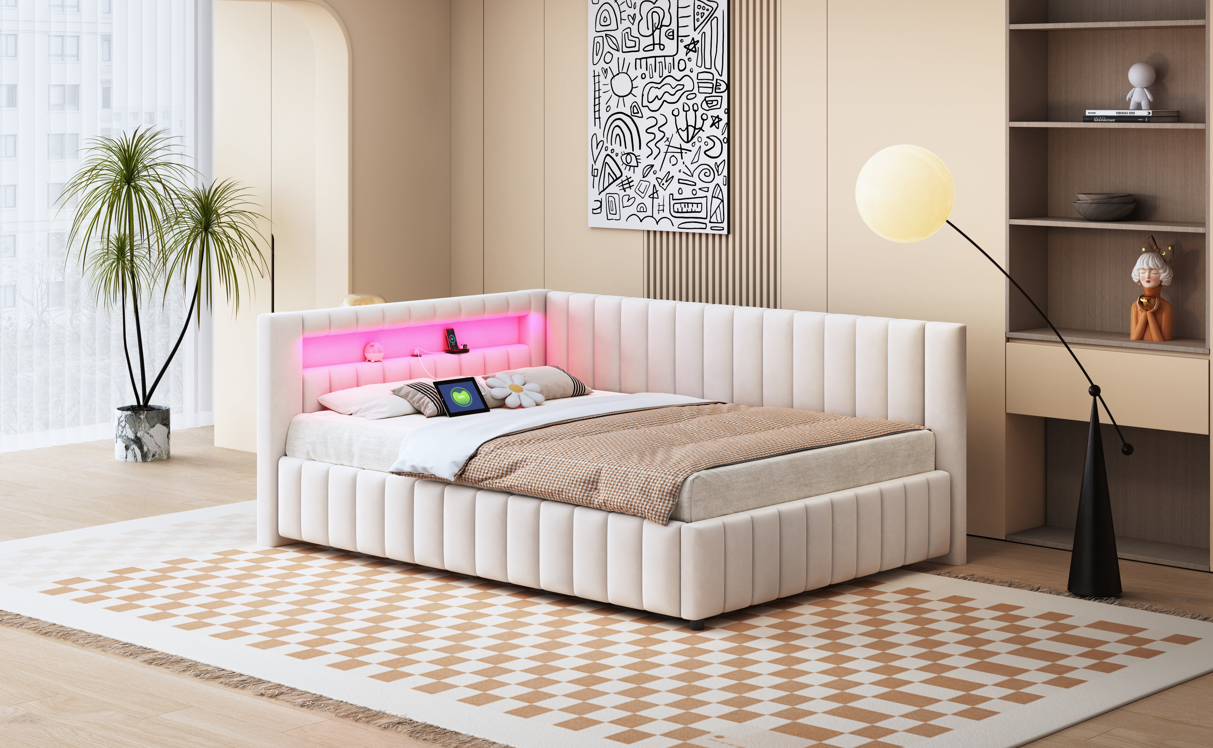 Upholstered Sofa Bed 140x200 with LED & USB Charging Port, Velvet Beige