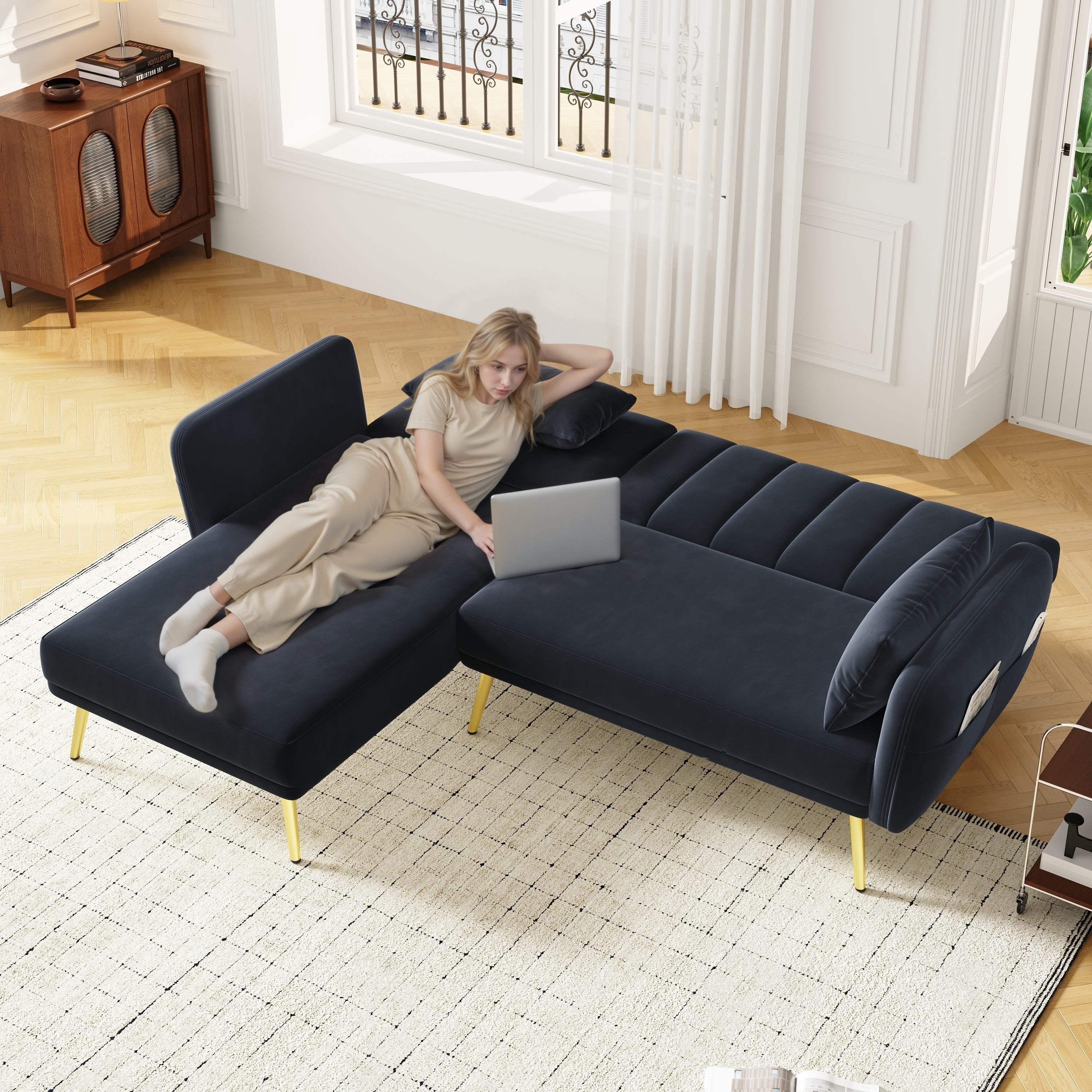 Folding Sofa, Modern L-Shaped Sofa Bed with Corner, Multi-room
