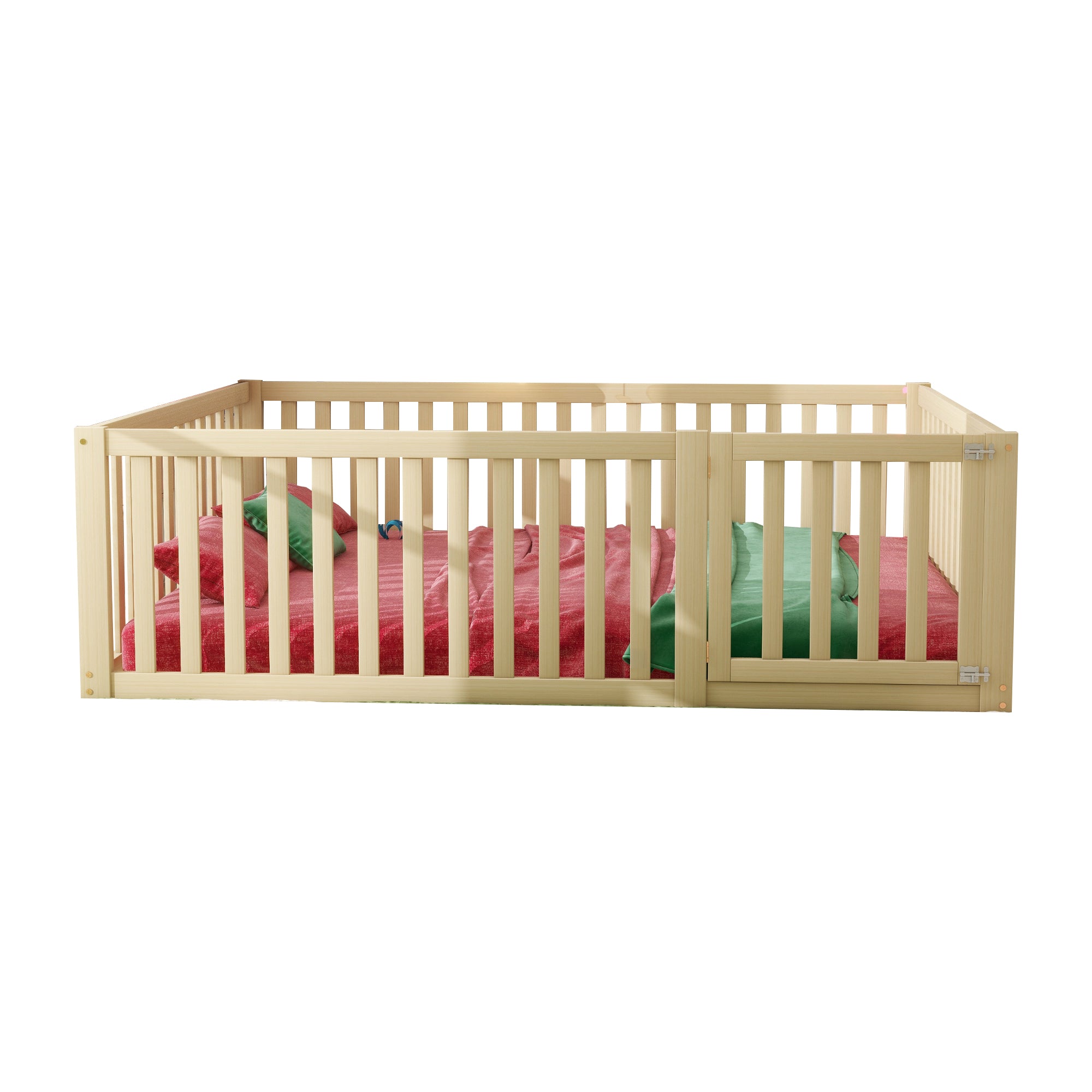 Children's bed 140x200 wooden floor bed frame with fence and door, wood color