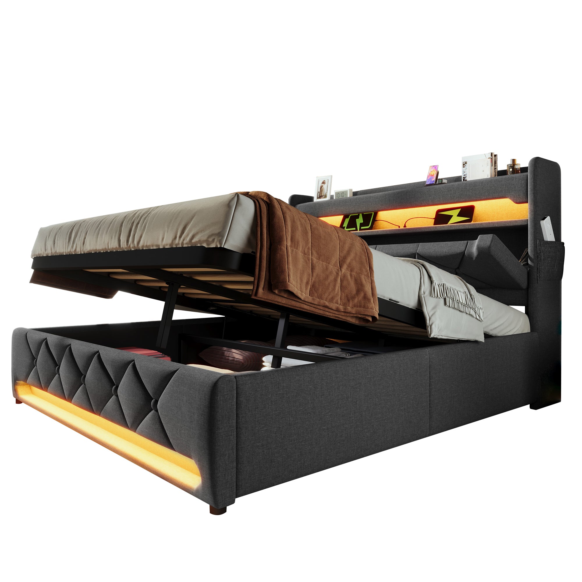 Upholstered Double Bed 160x200, USB & Type-C, 360-LED, Hydraulic Storage, Gray Linen