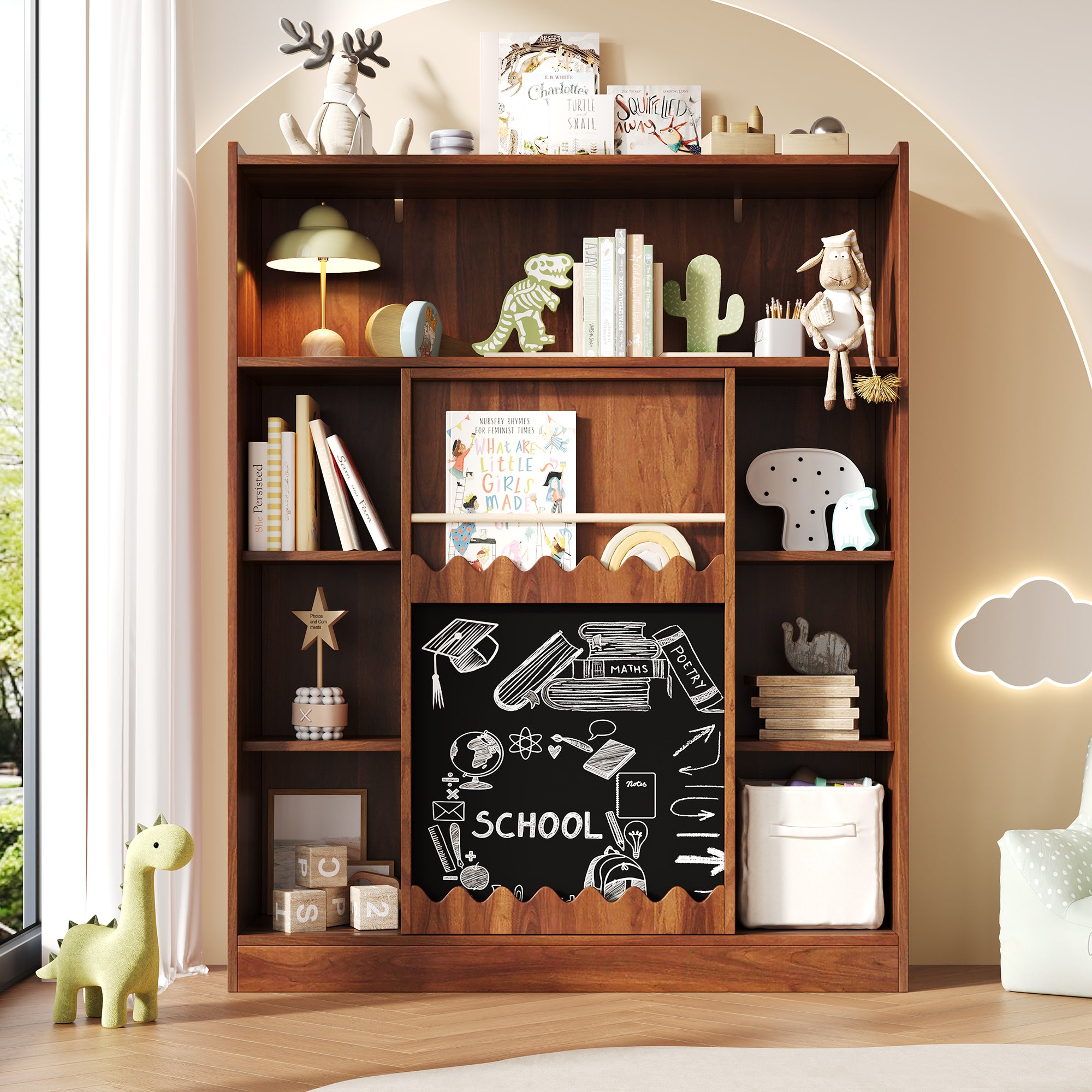 Bookshelf Chalkboard Sliding Doors 9-Compartment Storage, Walnut Color