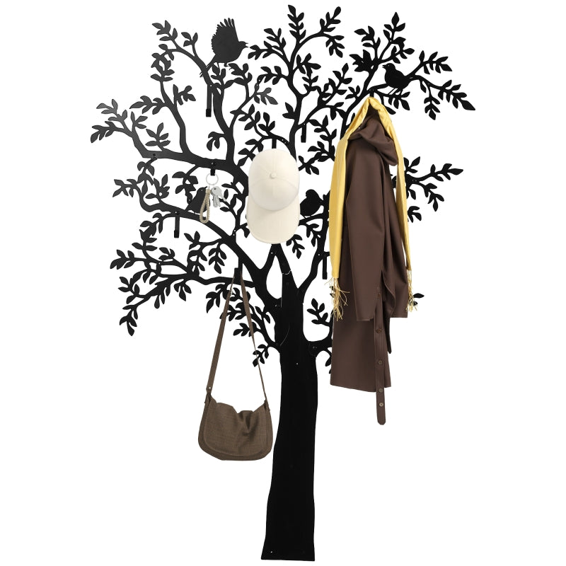 Wall-mounted Coat Rack Tree Design with Birds, Black