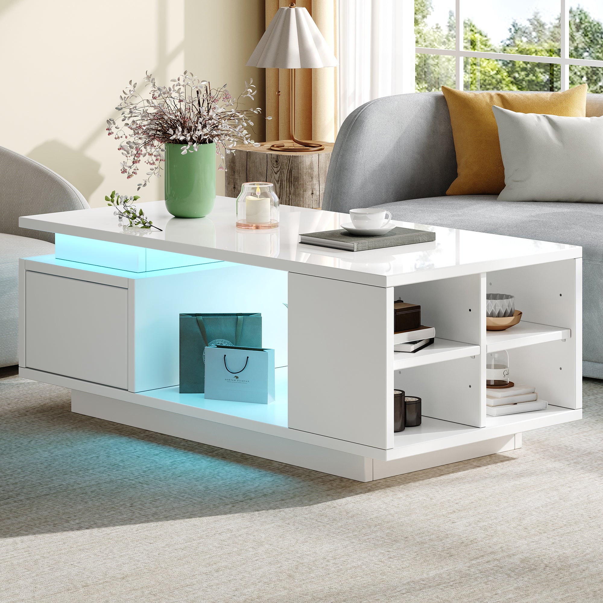 Coffee Table 100x50x36cm High-Gloss LED Side Table with Drawer and Storage White