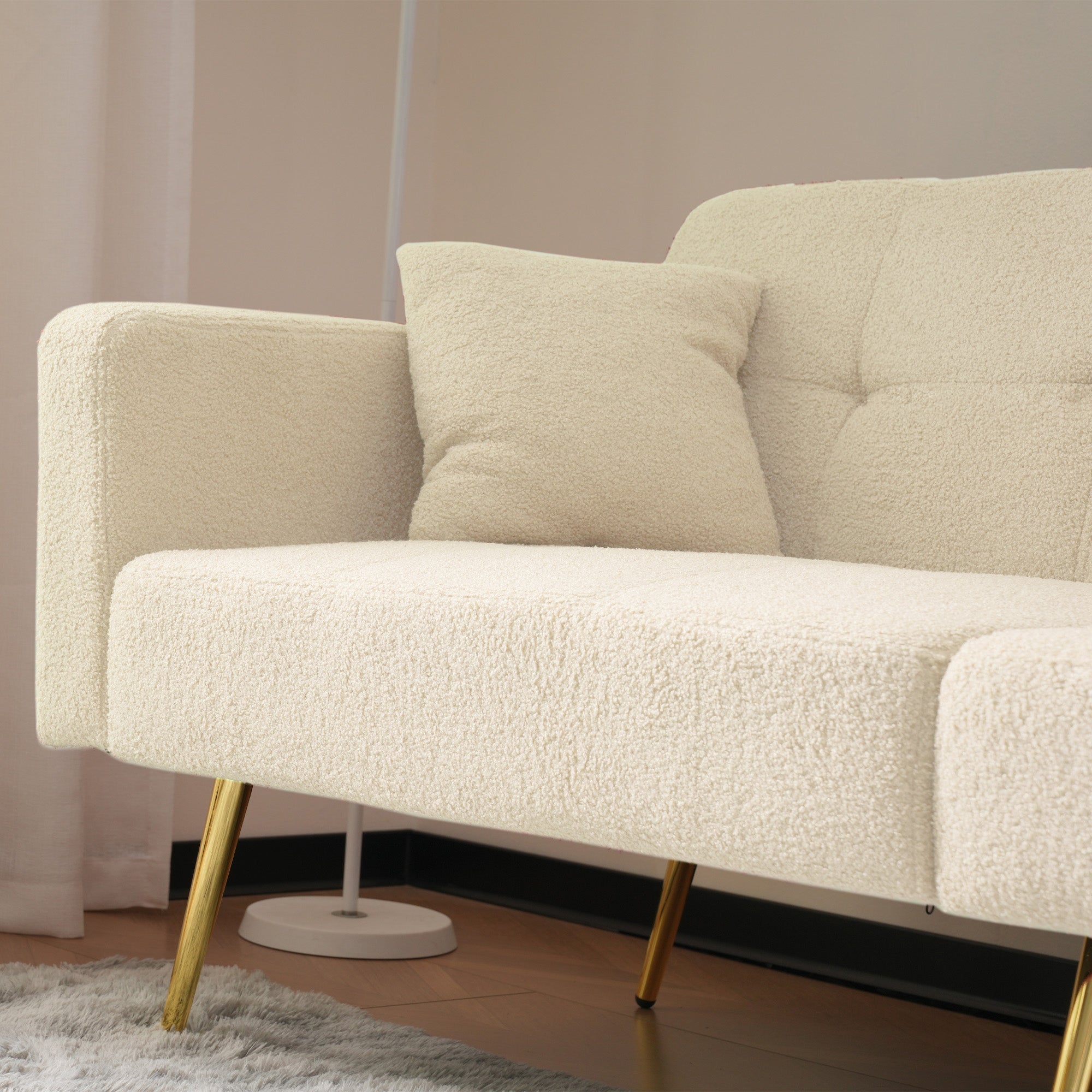 Sofa Bed with Adjustable Backrest, Bed Function, and Storage Pockets, Gold Legs