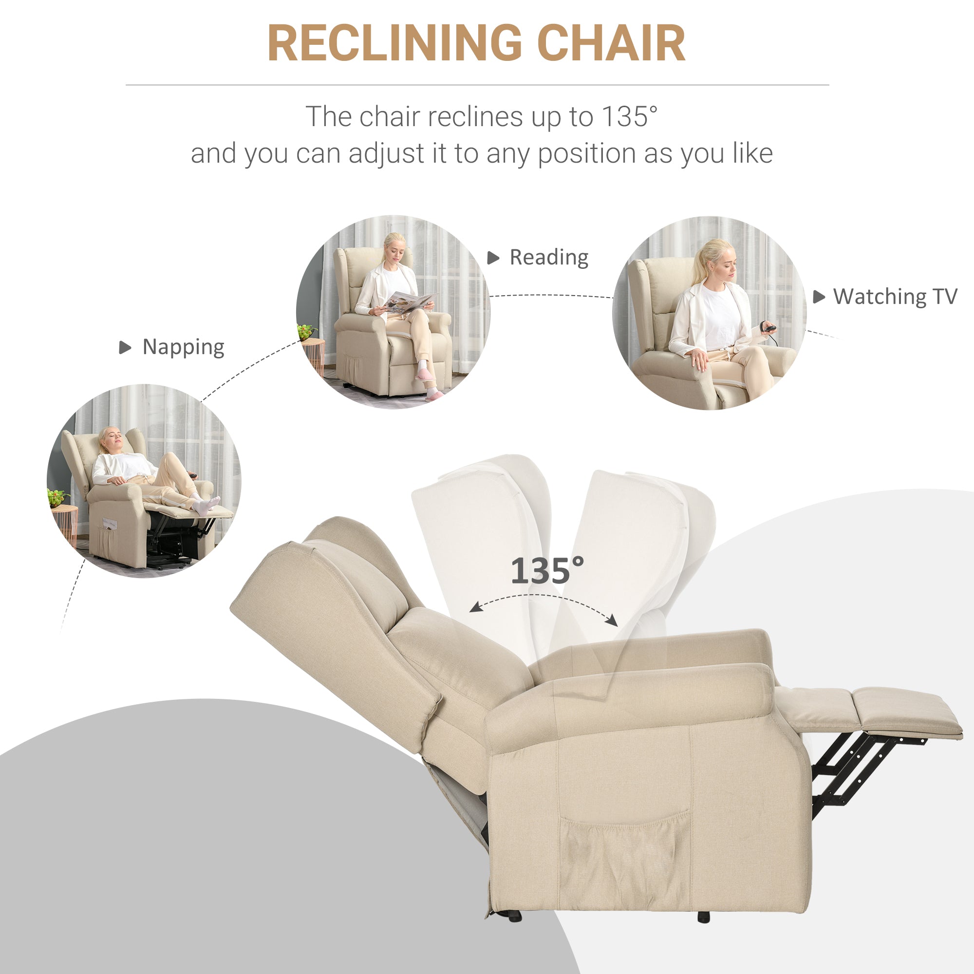 Power Lift Recliner Armchair, Electric Lift Chair with Remote Control, Side Pockets, Extended Footrest, Beige Fabric