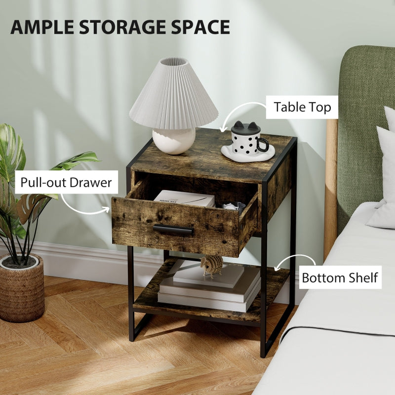 Modern Bedside Table with Drawer and Shelf Rustic Brown