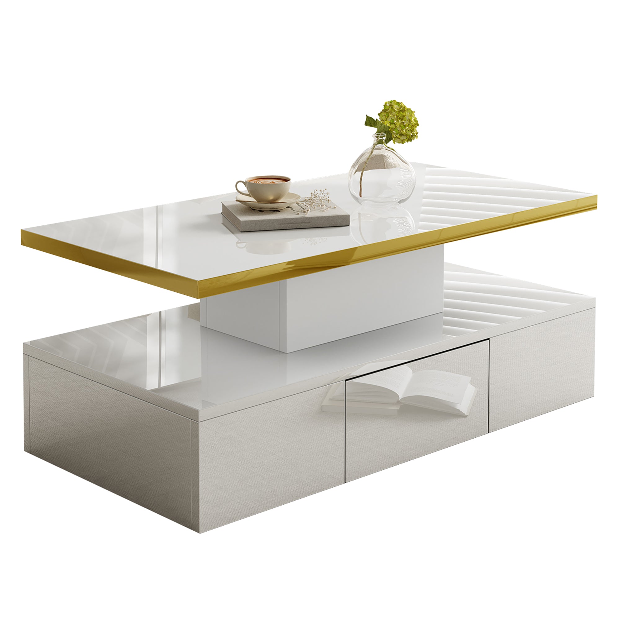 Coffee Table with Drawers, High-Gloss Lacquer Finish, Two Shelves, LED Light