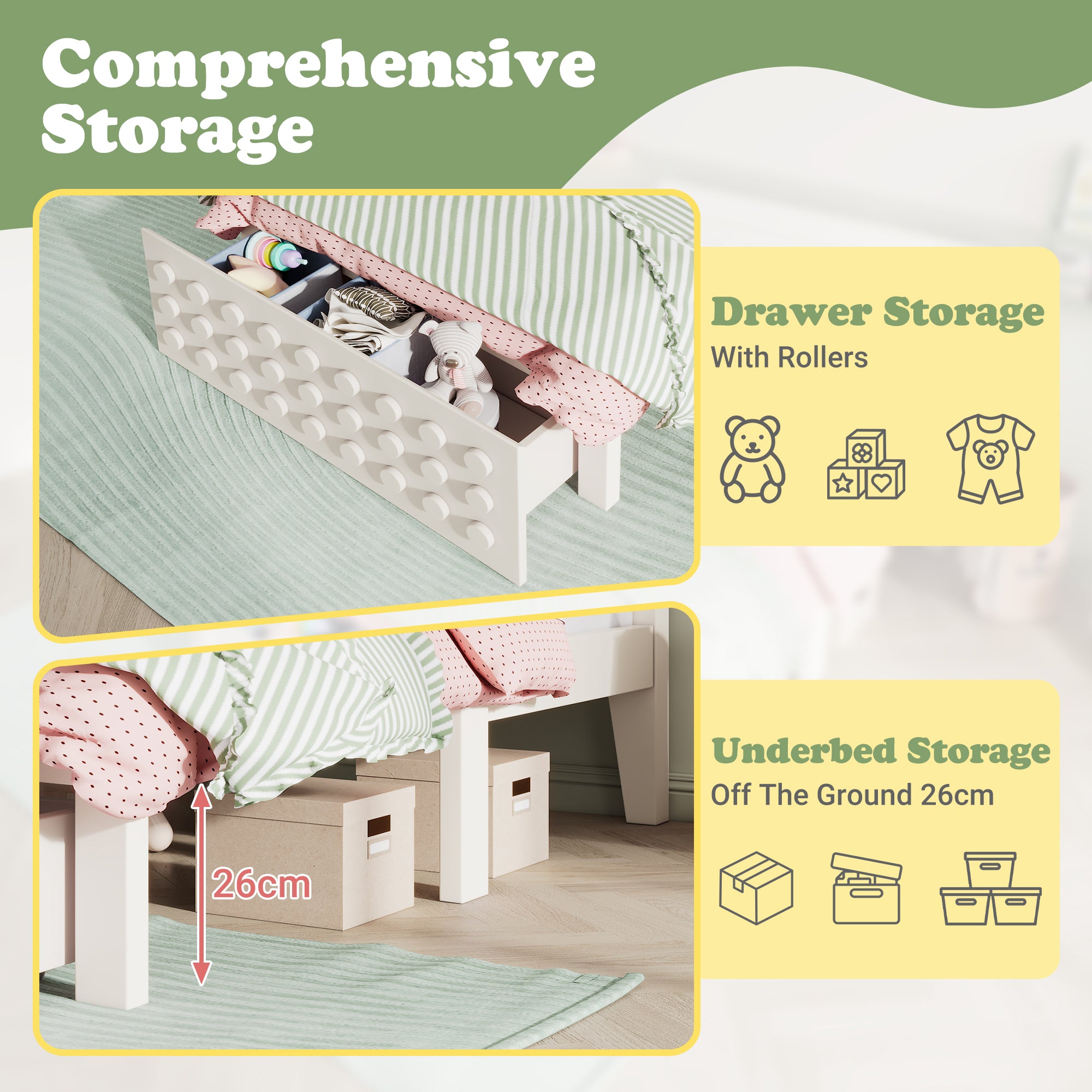 Wooden single bed 90x190cm children's bed with creative block design, solid wood frame with slatted frame, with drawers and underbed storage, white