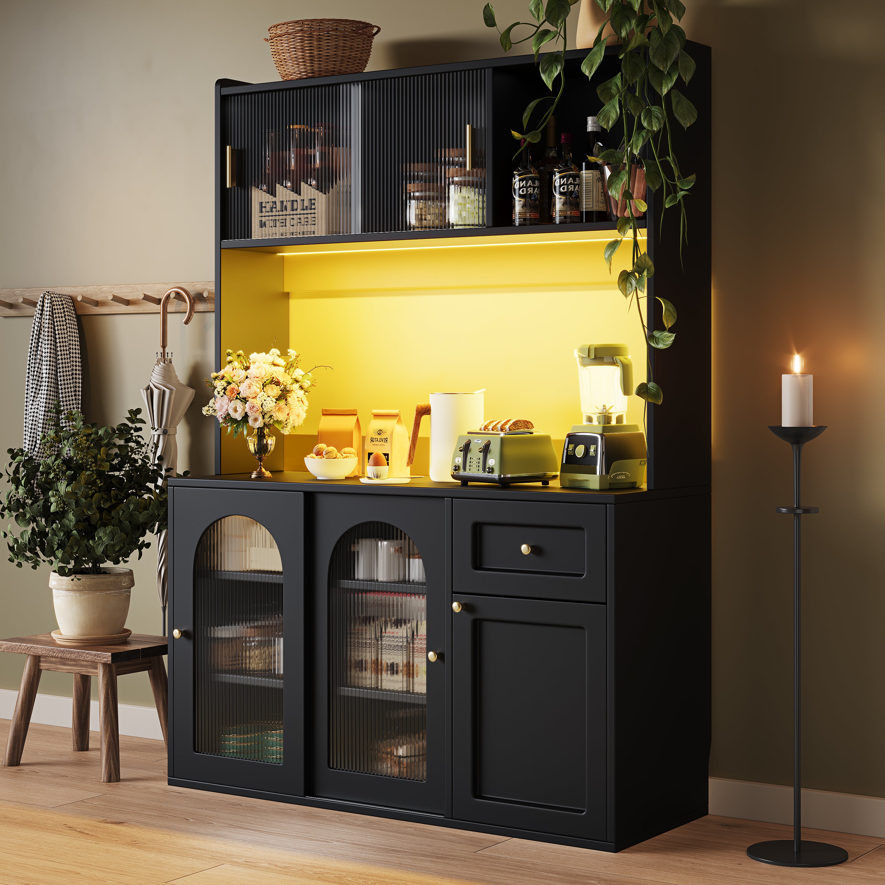 Tall Cabinet Buffet Display with Adjustable Shelves LED Lighting Black