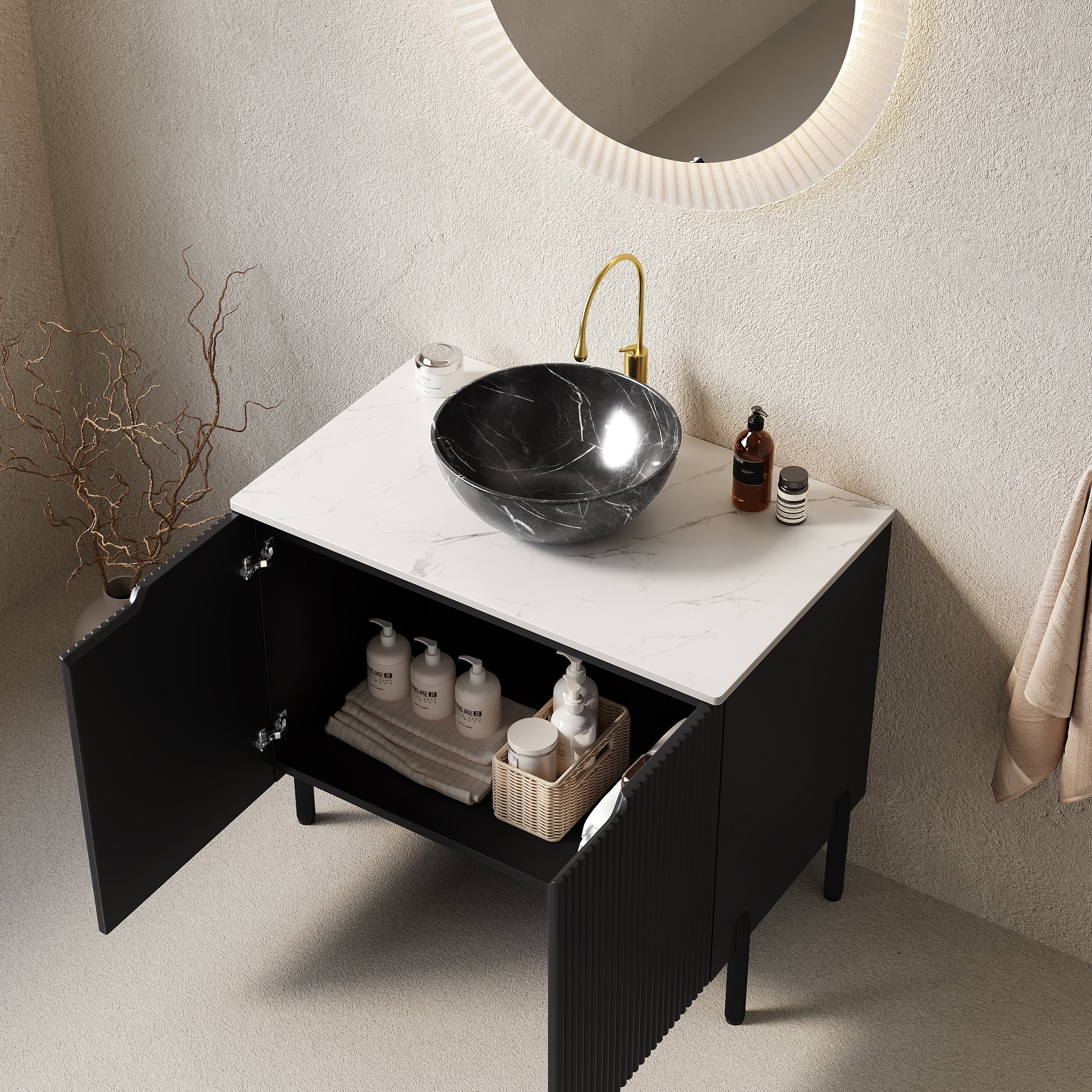 TURIO 76cm Freestanding Bathroom Vanity Unit with Black Bowl, Double Doors, Black