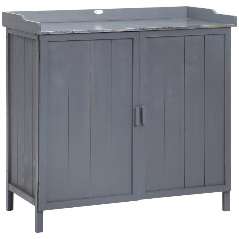 Garden Storage Cabinet Potting Bench with Galvanized Top and Two Shelves, Grey