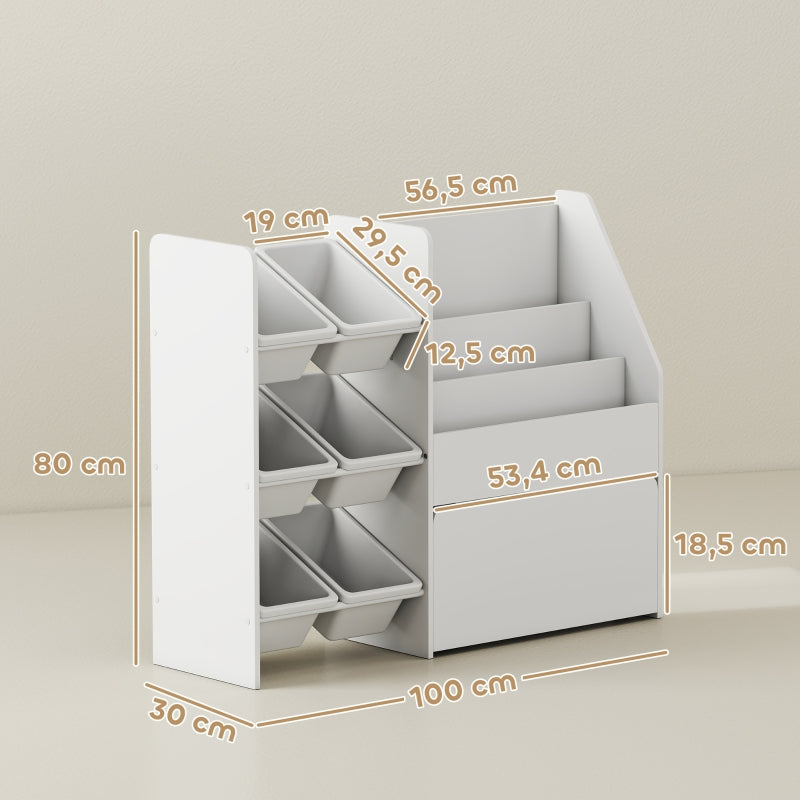 Children's Toy Shelf, 6 Containers Book Display Rolling Box 100x30x80cm, MDF Steel White