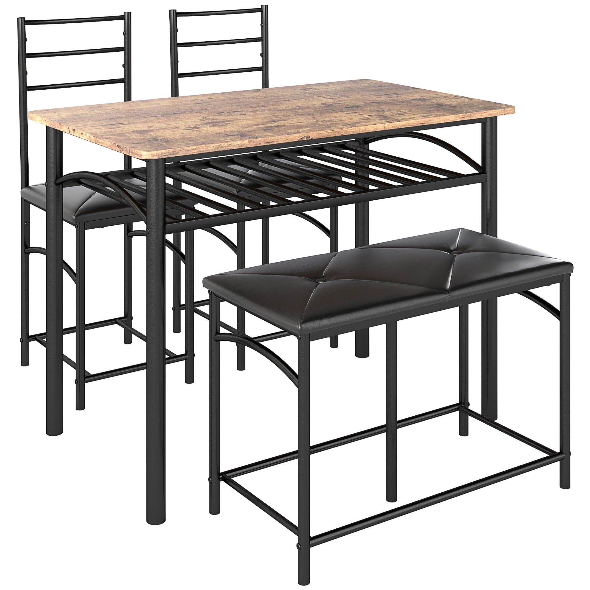 Dining Set 4-Piece Space-Saving Table 2 Chairs Bench, Brown