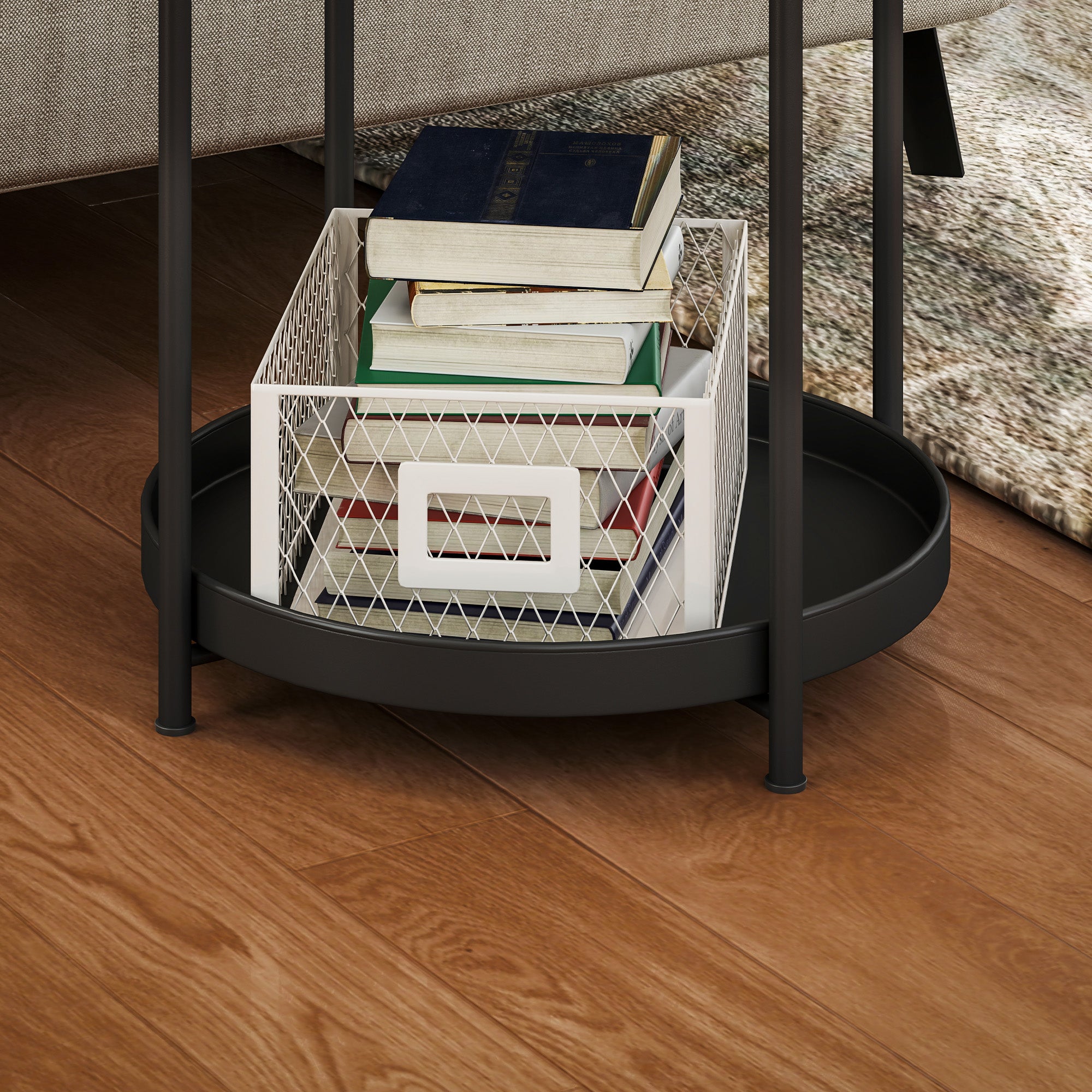 Side Table, 2 Shelves Round Coffee Table, Steel Black