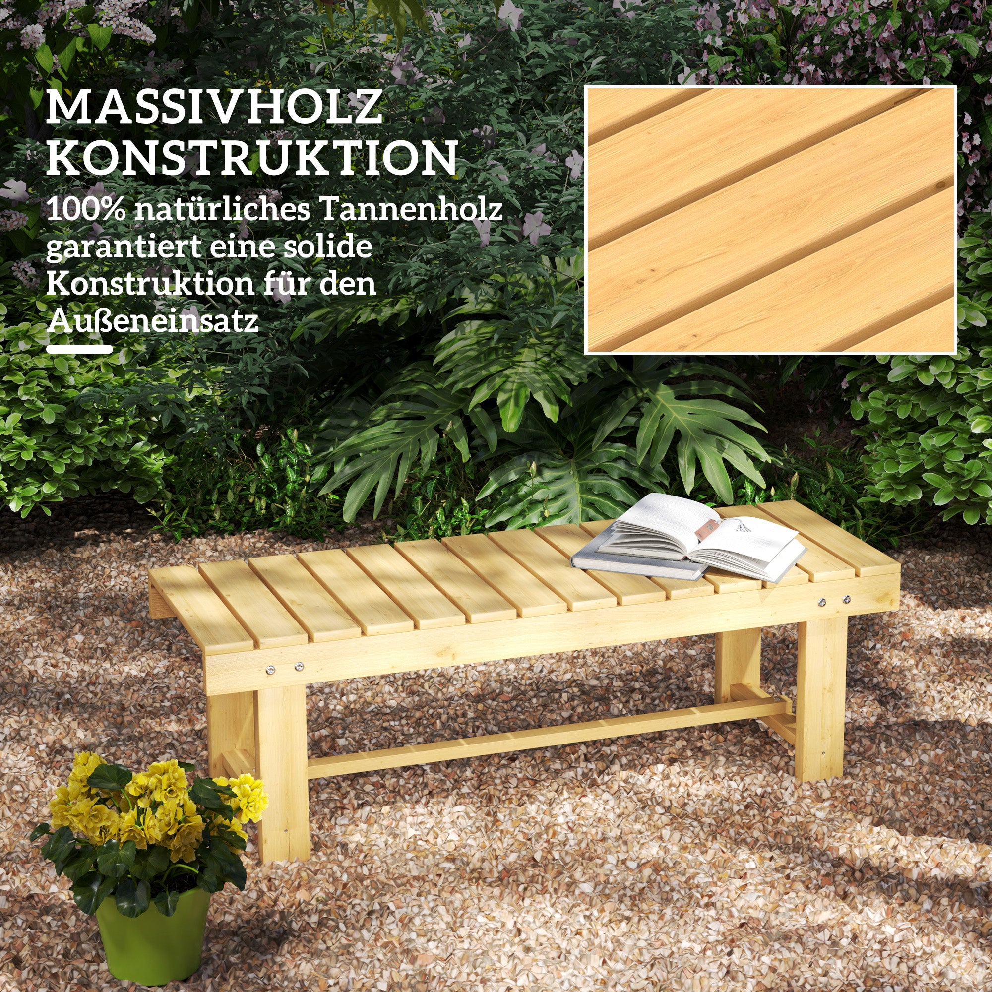 Garden Bench 2-Seater, Waterproof Durable 110x38x35cm Solid Wood, Natural Color