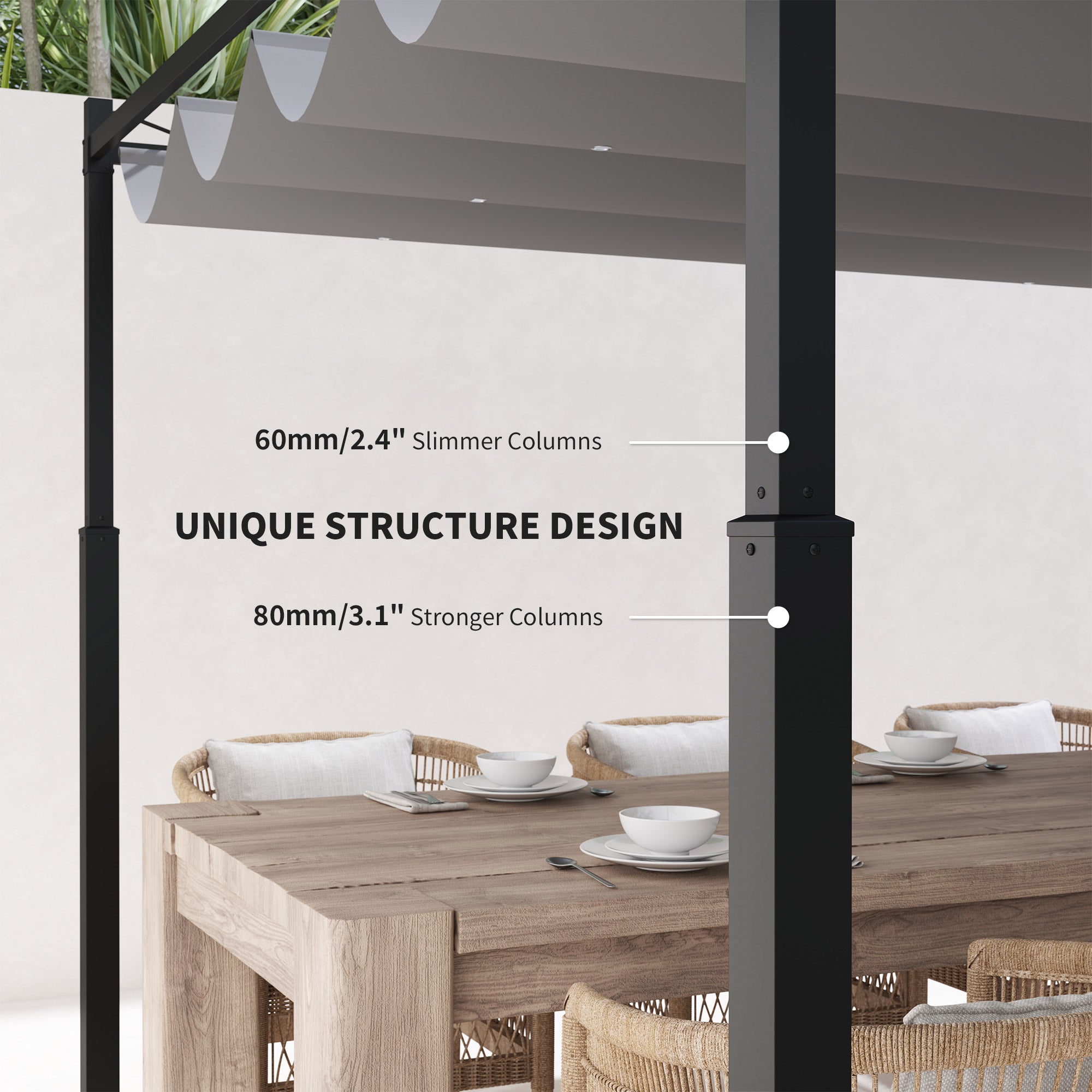 Metal Pergola with Retractable Roof, Magnetic Fixture, Sun Shade Canopy, Grey