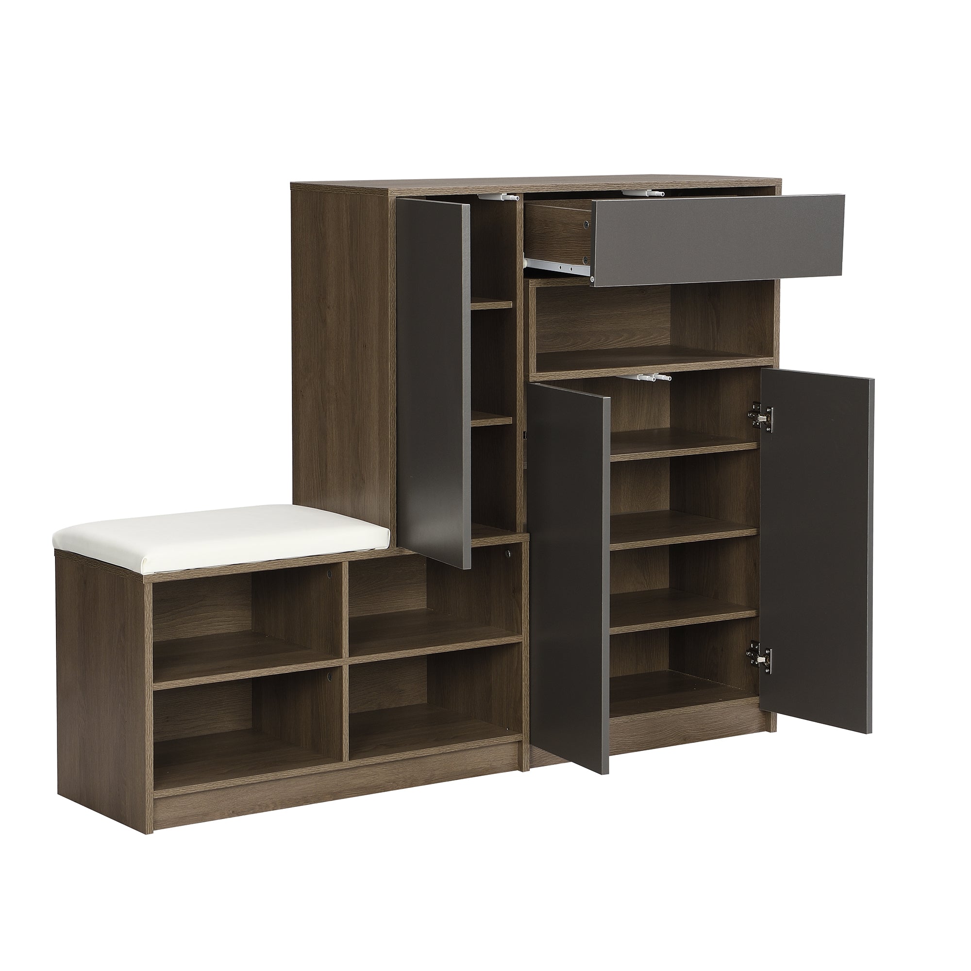 Shoe storage bench and cabinet with padded seat, adjustable shelves, gray