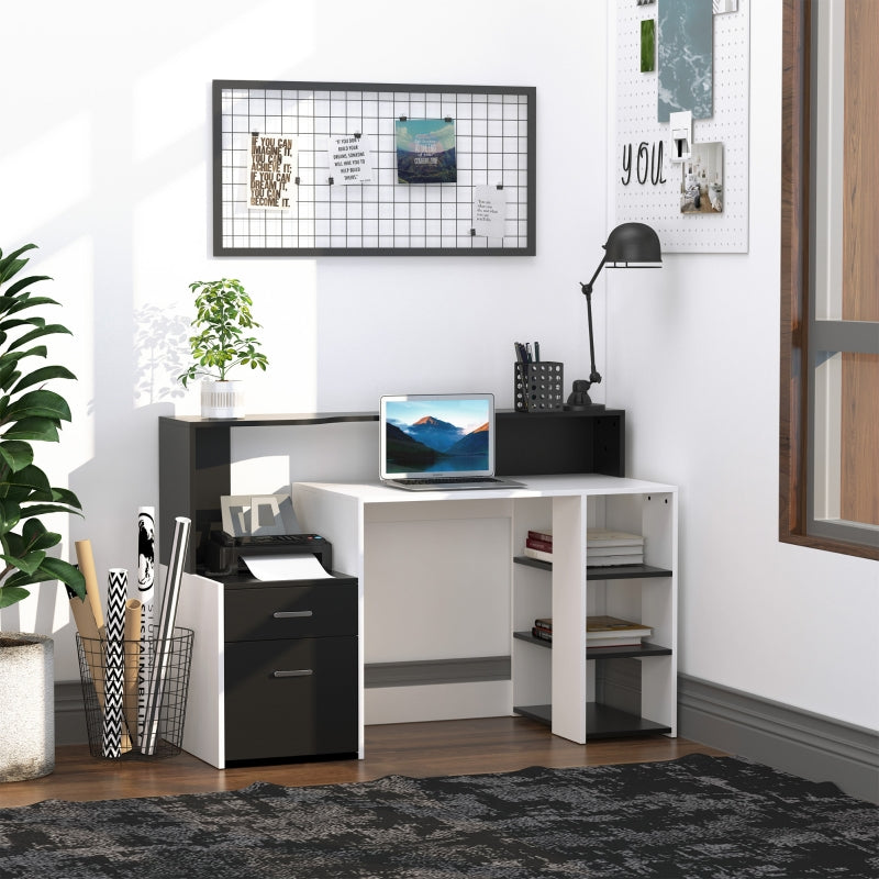 Computer Desk with Drawers, Storage Shelves, and Printer Stand, Black and White