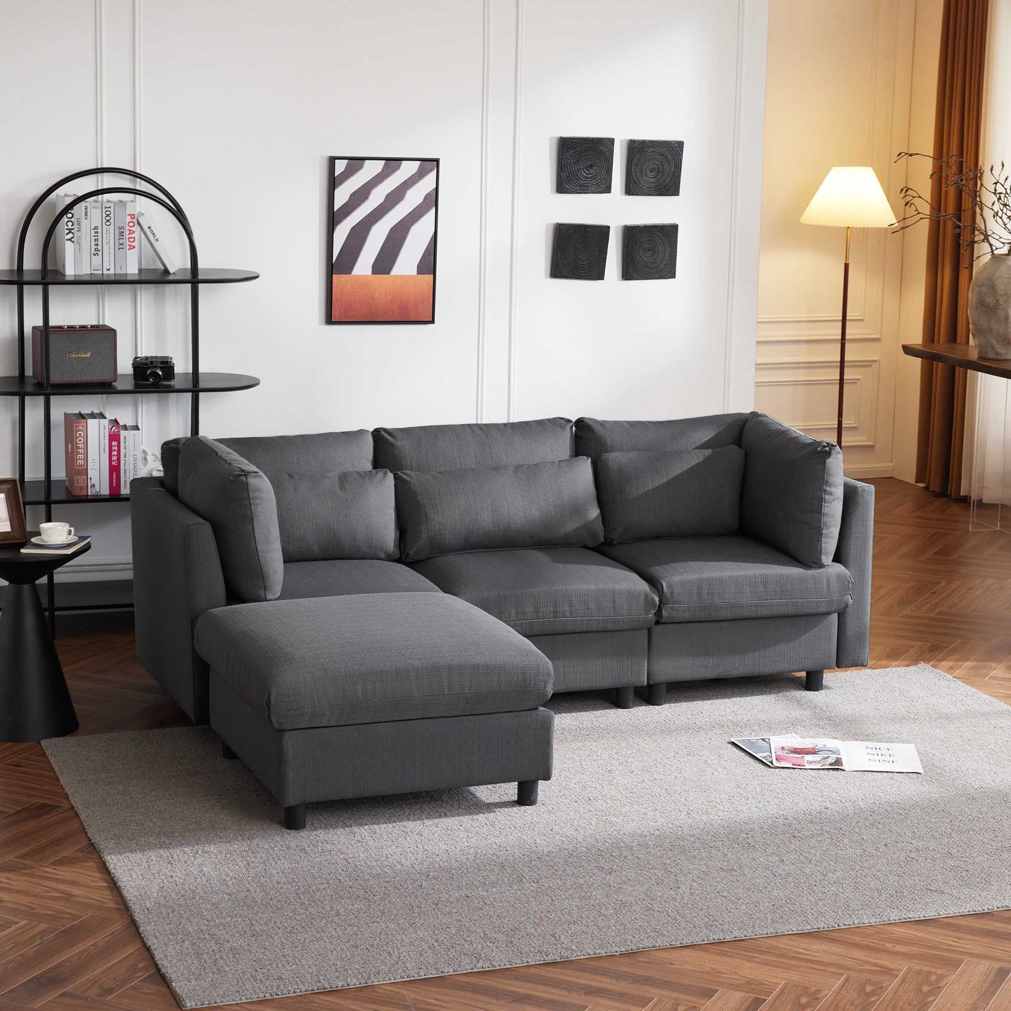 Sofa, Three-Seater L-Shaped Corner with Footstool, Upholstered