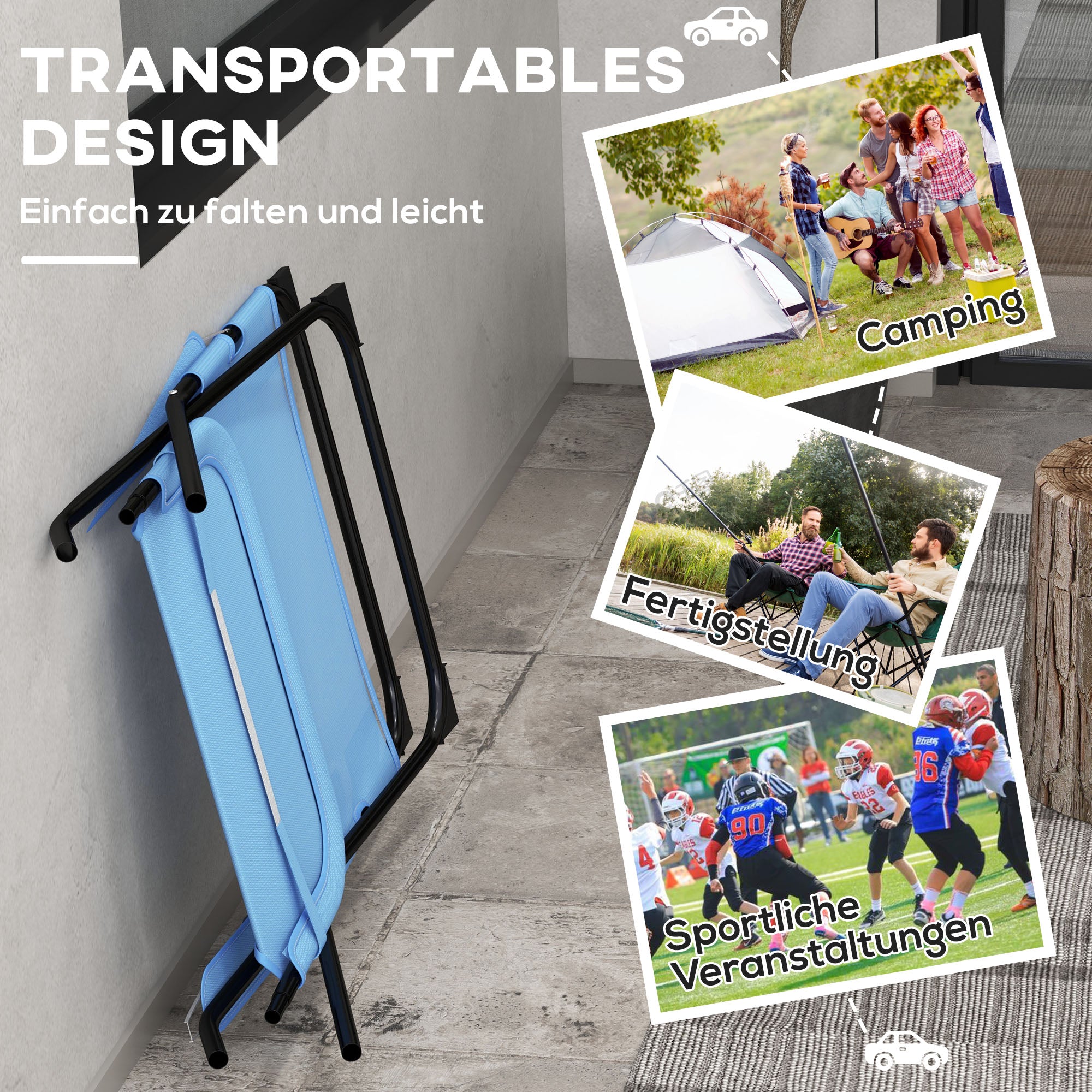 Folding Chair Adjustable Backrest Camping Pillow Mesh Blue