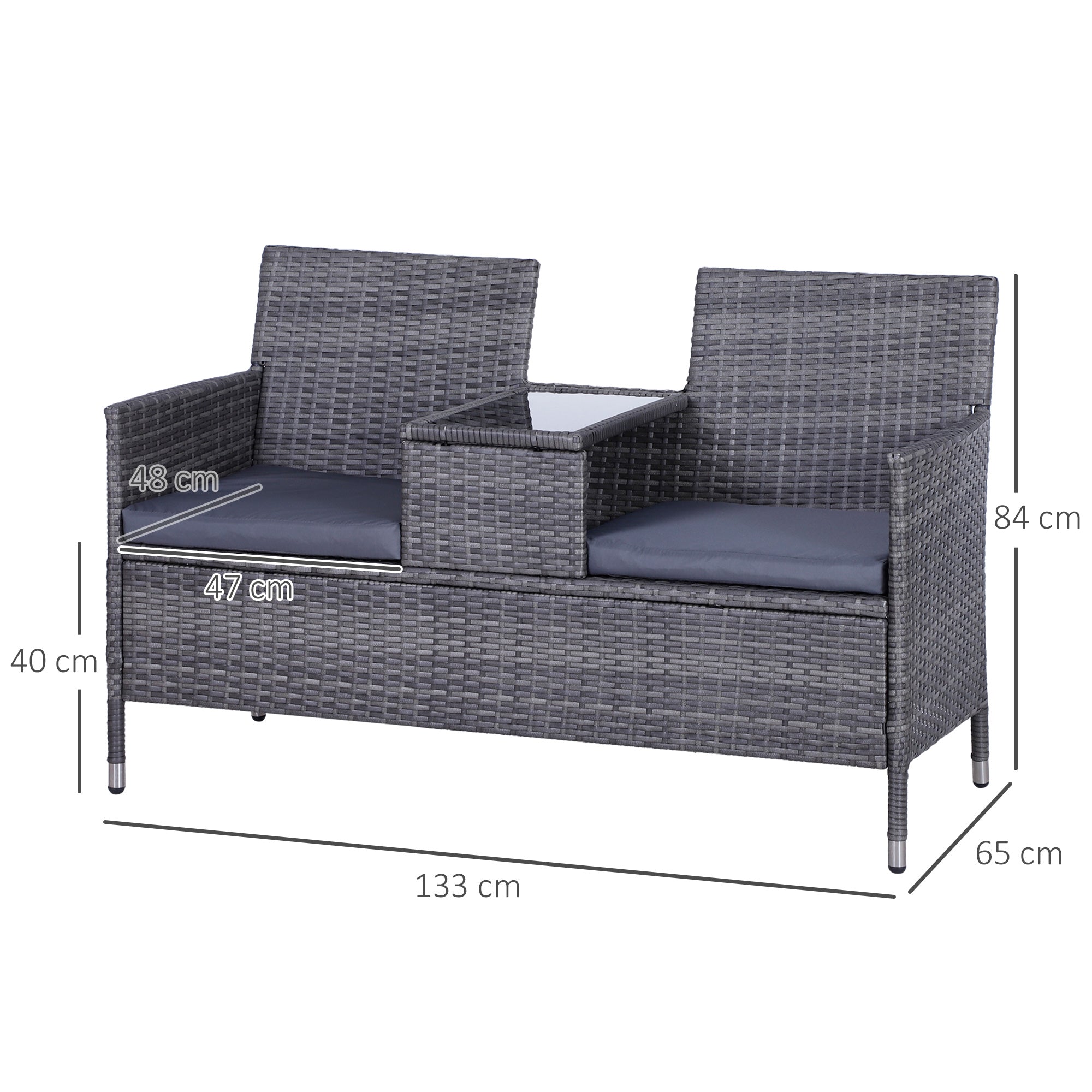 2-Seater Garden Bench, PE Rattan Outdoor with Centre Table, Grey