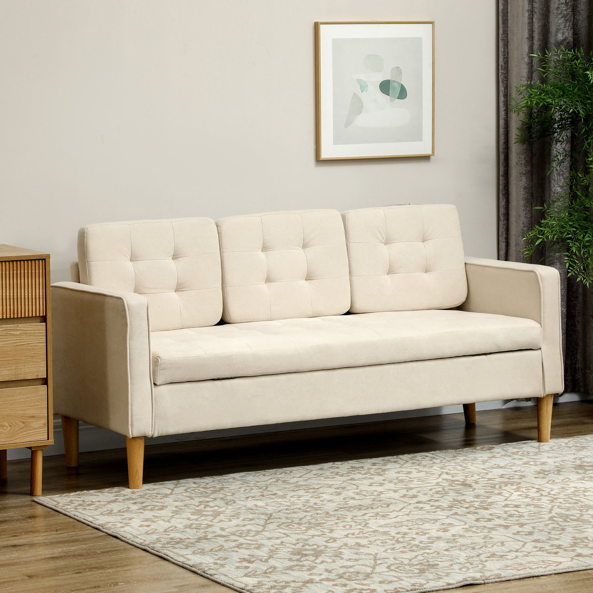 3-seater Sofa, Storage, Wooden Legs, Velvet, Cream White