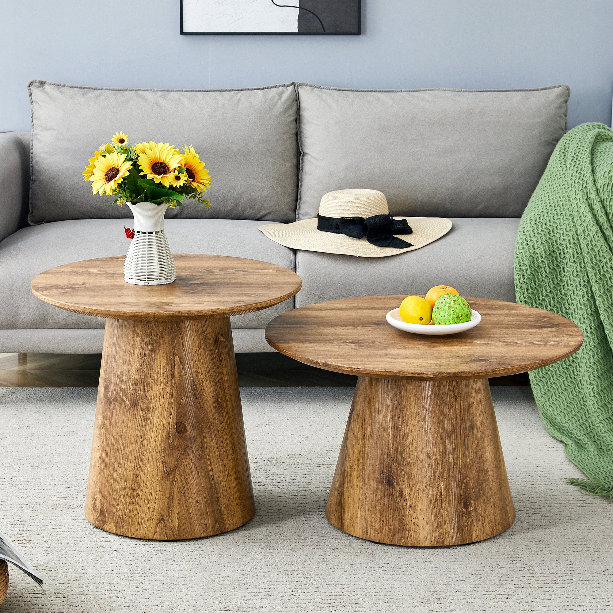 Set of 2 Round Coffee Tables, High and Low Nesting Stool Side Tables, Natural Wood Look MDF