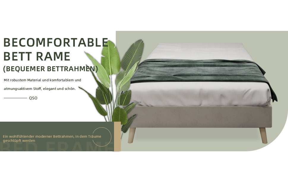 Modern Minimalist Bed Frame, 90x200 cm Low-Profile Base, Beige Dutch Velvet