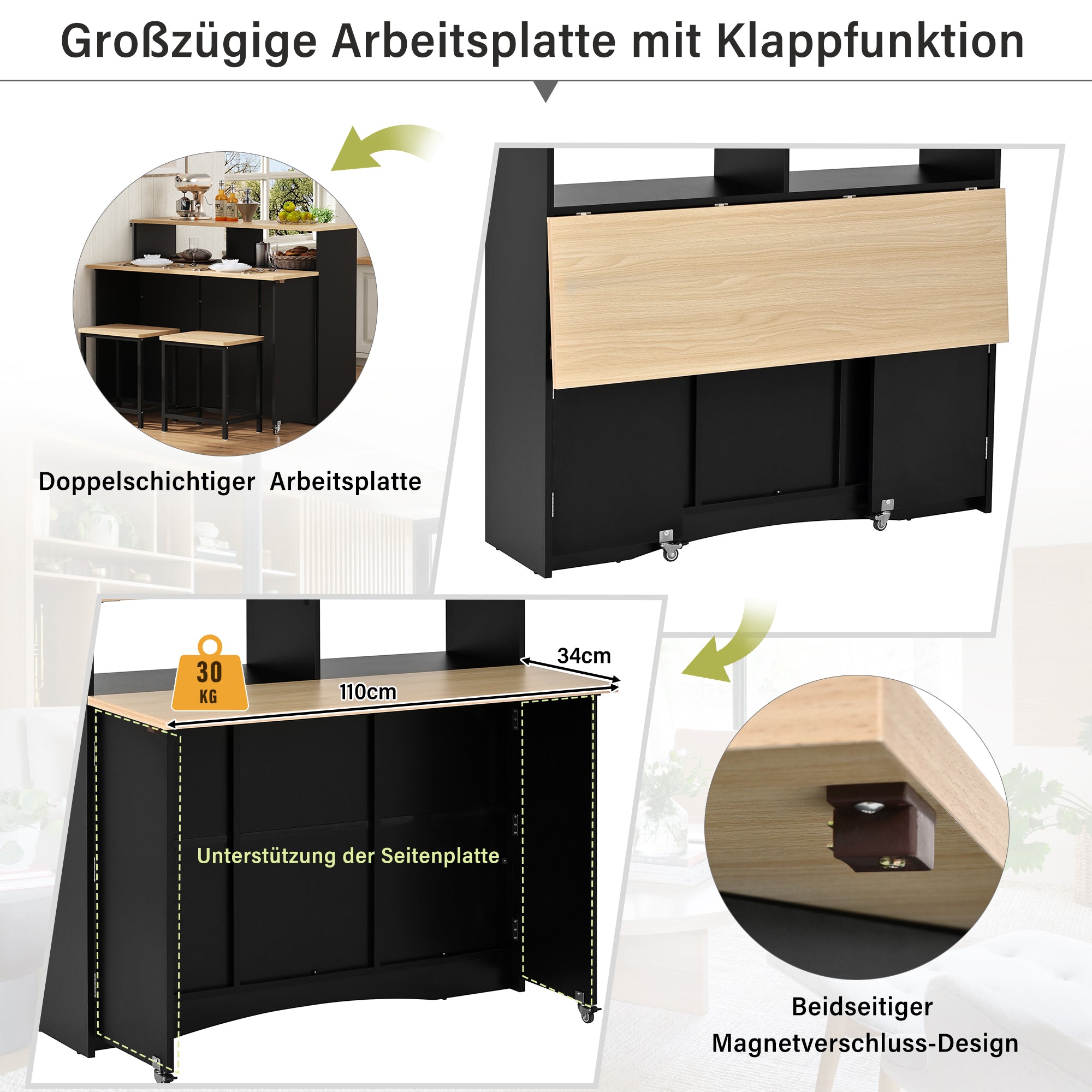 Kitchen Island Sideboard Extendable Dining Area Ample Storage Black