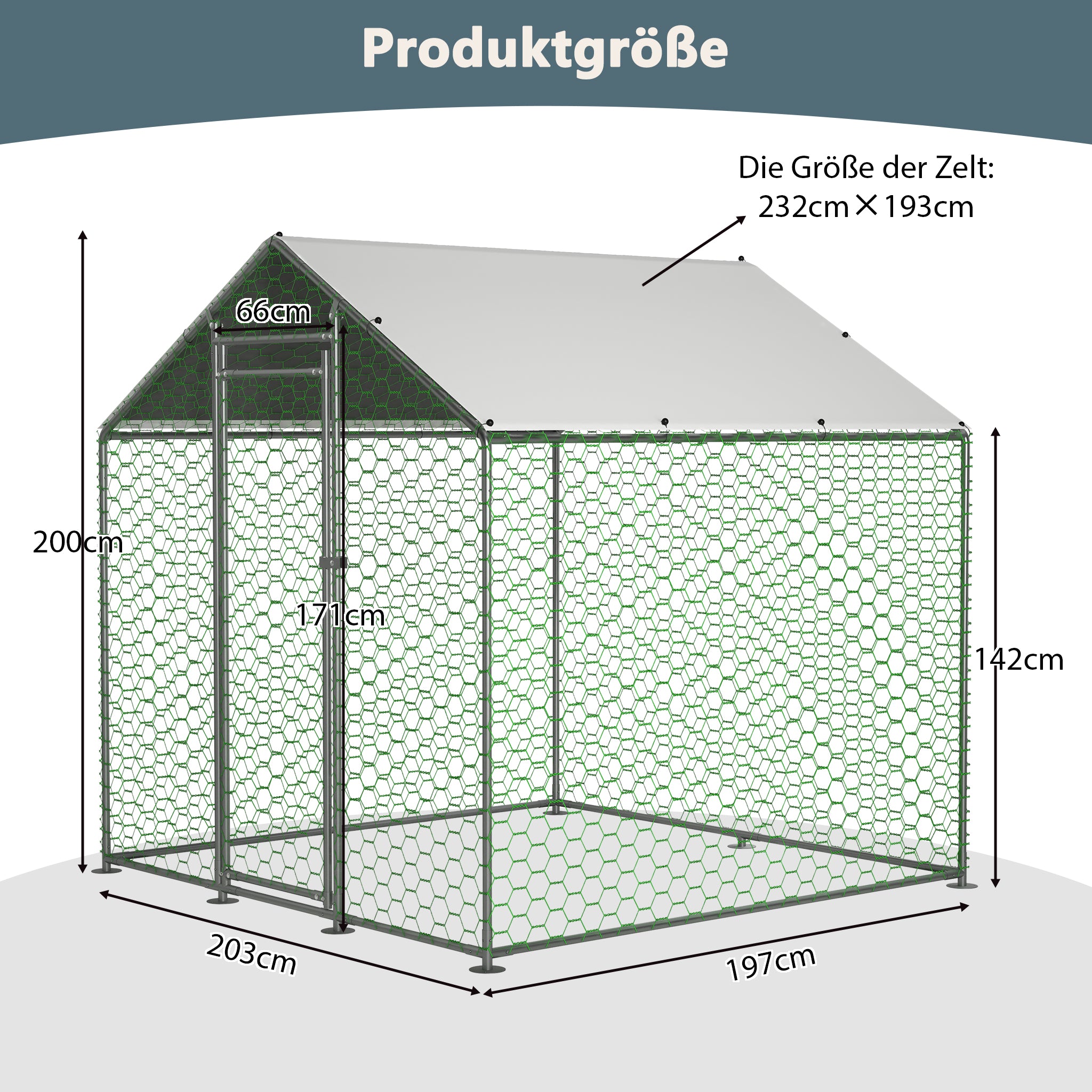 Free-range chicken coop 2x2x2m, safety lock, waterproof PE cloth, metal