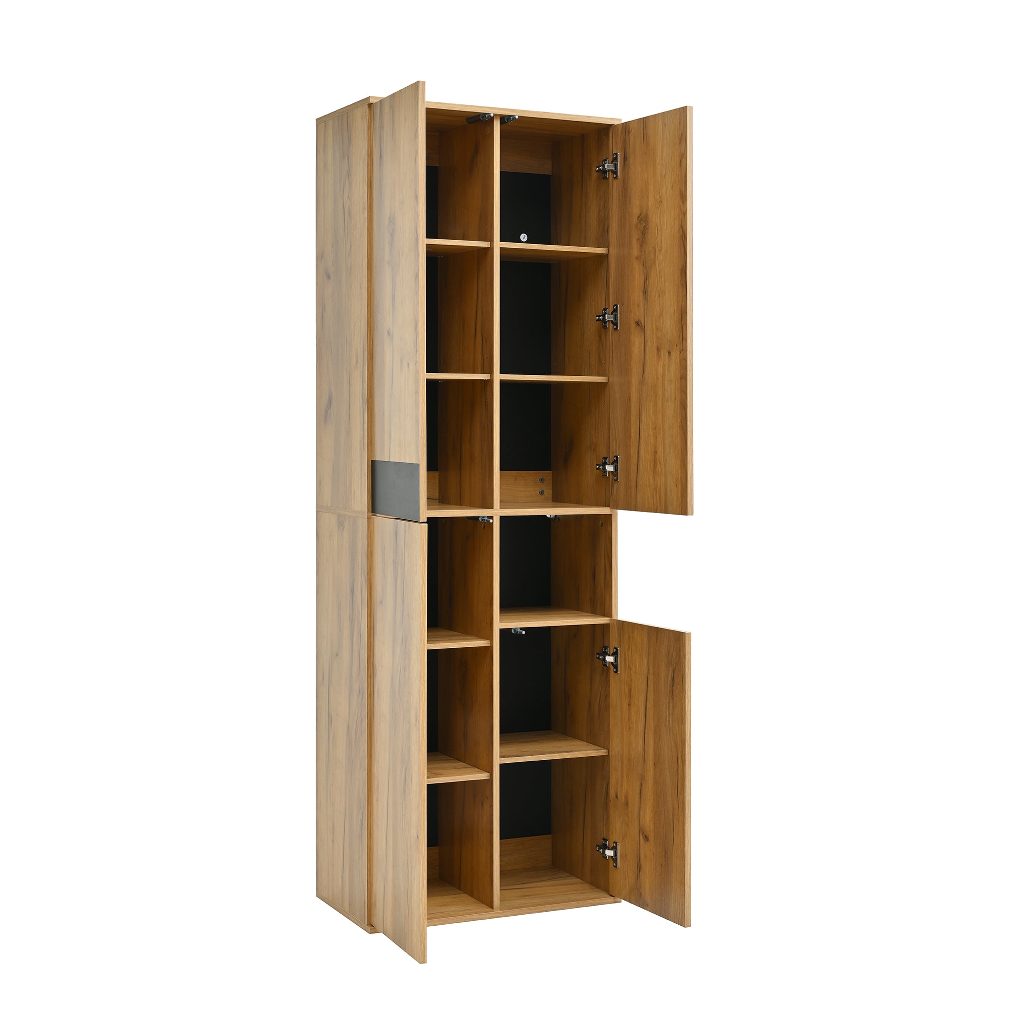 Tall Wardrobe Mirror Four Doors Open Storage Black/Natural Wood Finish
