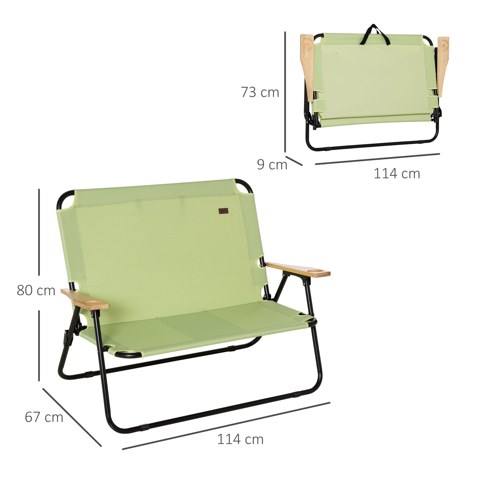 2-Seater Folding Camping Chair, Portable with Cup Holder, Light Green