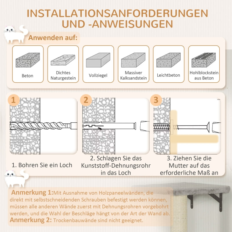 PwaHut Cat Climbing Wall, 7-piece Set with Cat House, Platform, Scratching Post, Grey