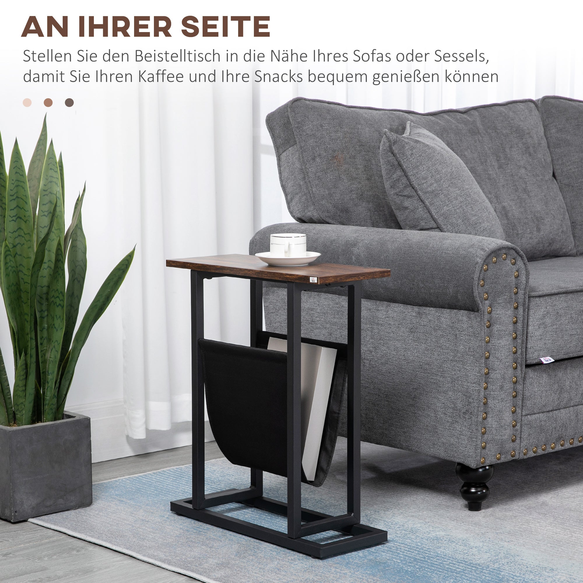 Side Table Coffee Table Nightstand, Fabric Bag Steel Frame, Dark Brown and Black