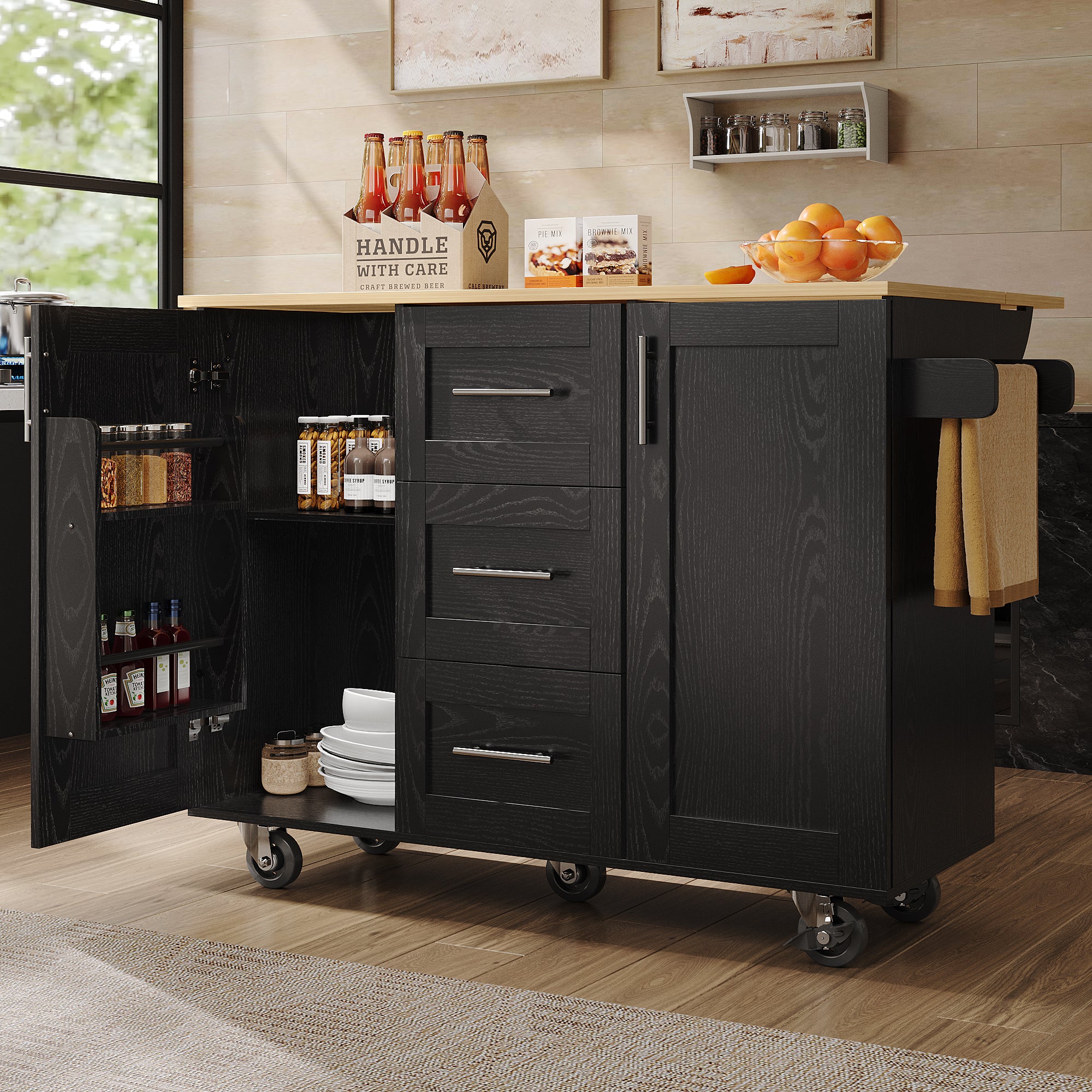 Kitchen Island Workbench Storage Removable Casters - Black