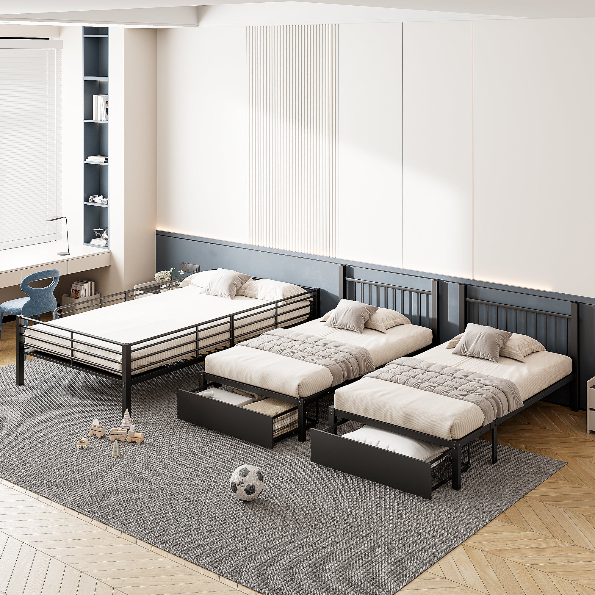 Triple Bunk Bed, Drawers, Convertible to Double & Two Single Beds, Metal, Black